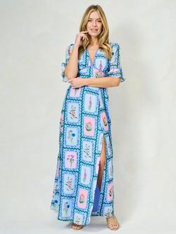 Hope & Ivy The Selena Botanical Floral Print Plunge Maxi Dress, Blue/Multi - view 2, Blue/Multi