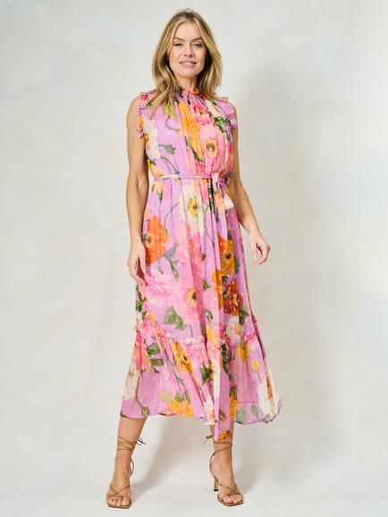 Hope & Ivy The Signe Metallic Polka Dot Floral Georgette Maxi Dress, Pink/Multi, Pink/Multi