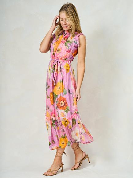 Hope & Ivy The Signe Metallic Polka Dot Floral Georgette Maxi Dress, Pink/Multi - view 2, Pink/Multi