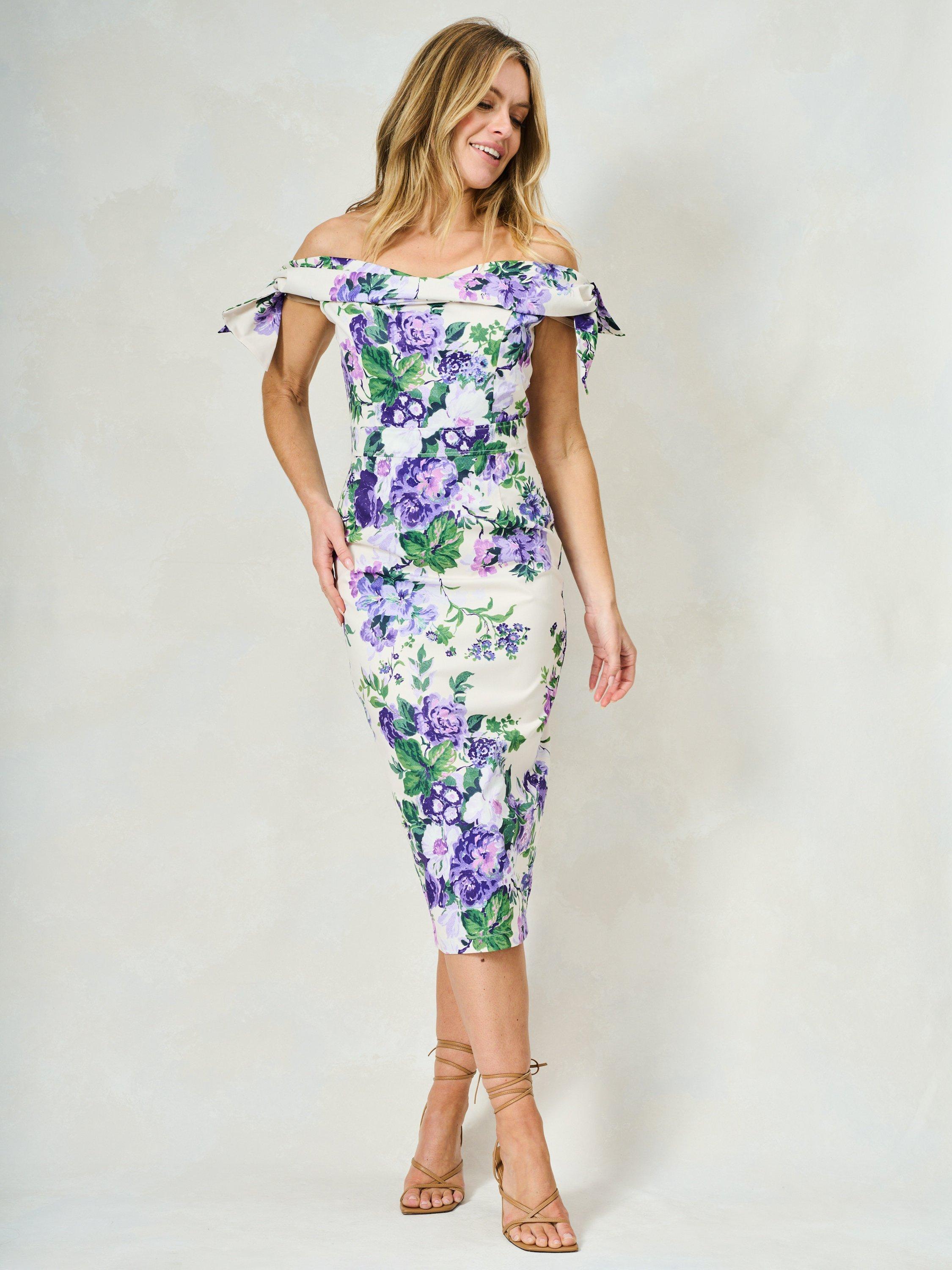 Product image 2 of 5, which shows Hope & Ivy The Suzette Sateen Off The Shoulder Floral Midi Dress, White And Purple, 8