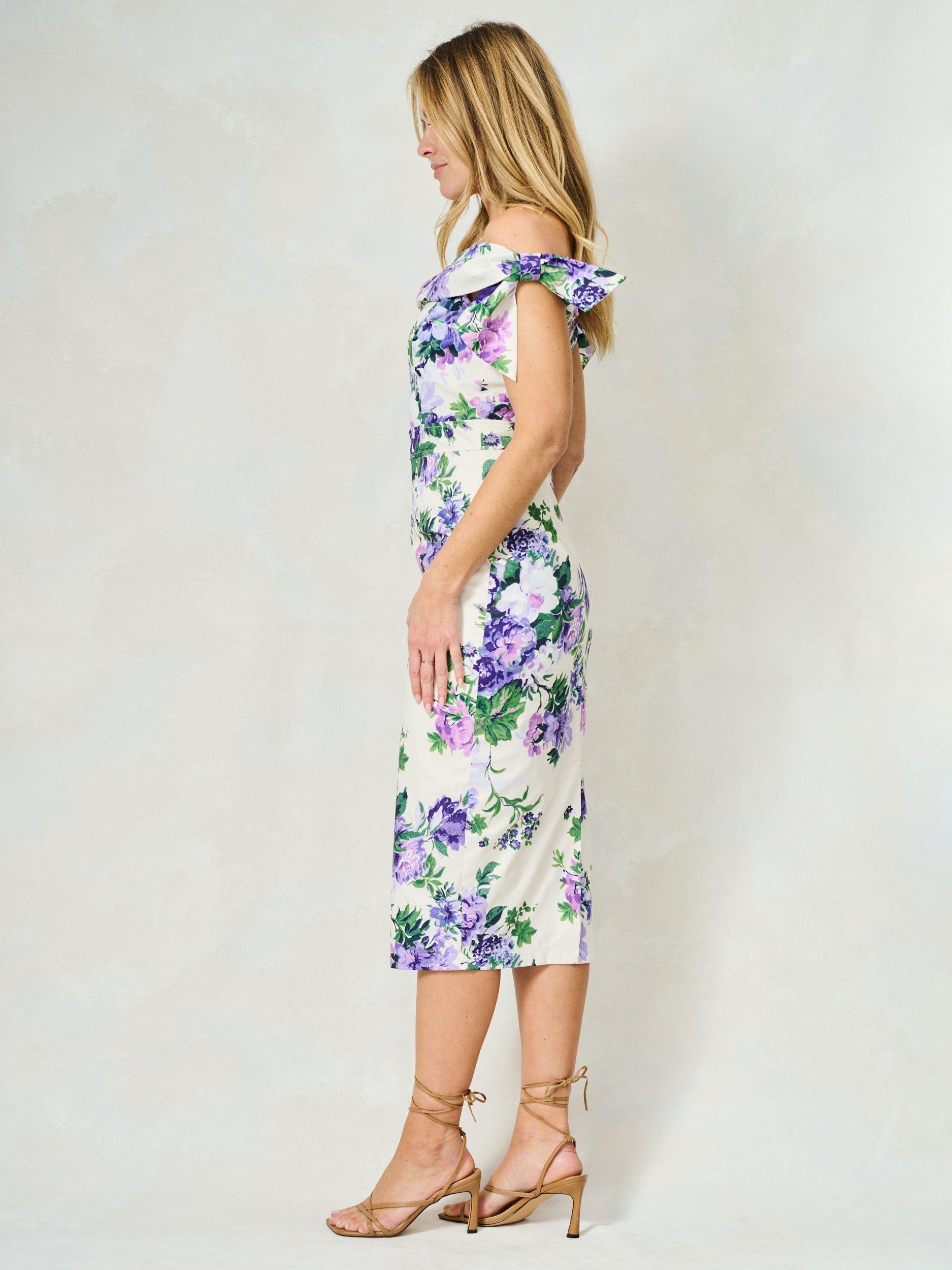Product image 3 of 5, which shows Hope & Ivy The Suzette Sateen Off The Shoulder Floral Midi Dress, White And Purple, 8