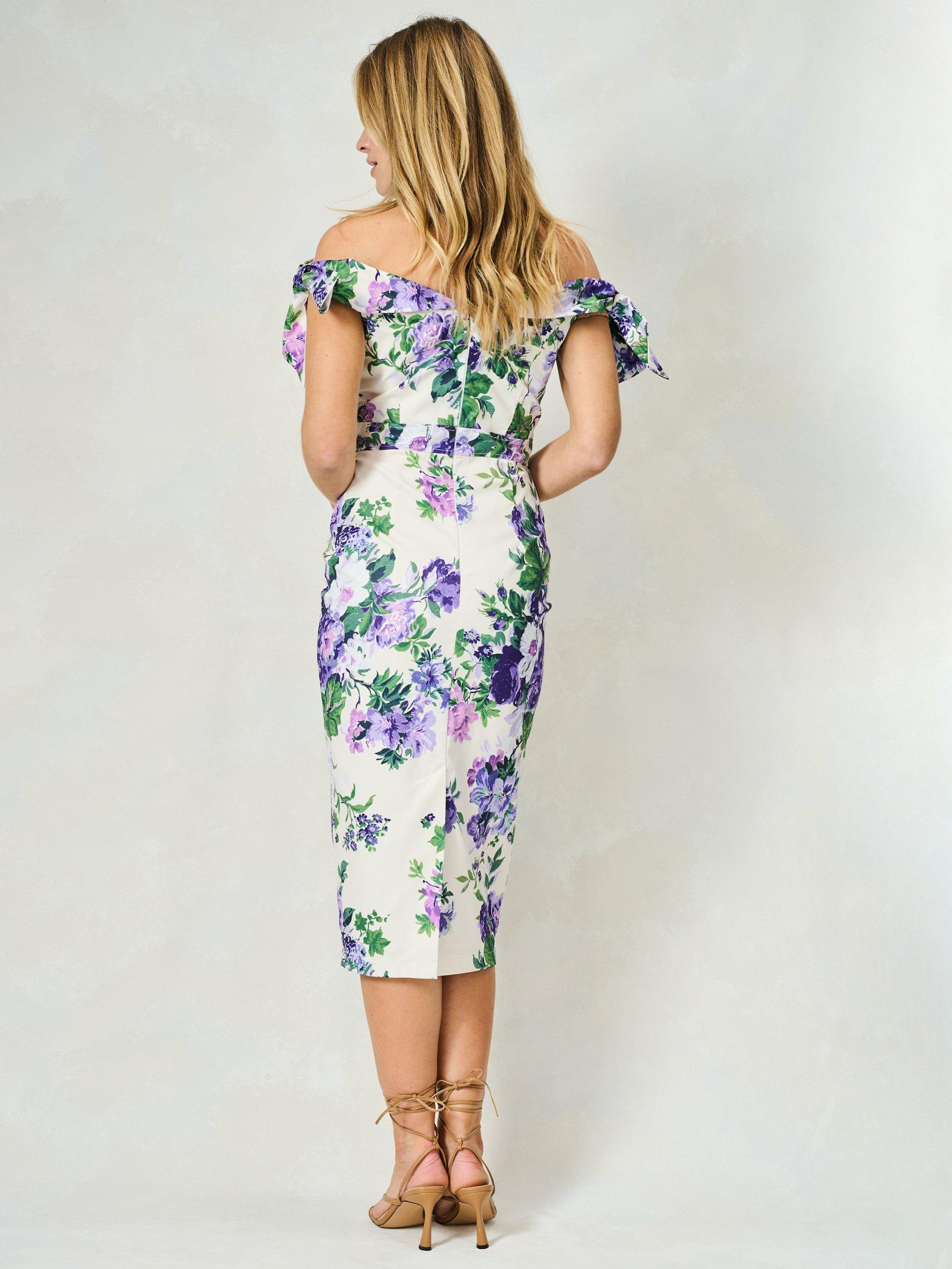 Product image 4 of 5, which shows Hope & Ivy The Suzette Sateen Off The Shoulder Floral Midi Dress, White And Purple, 8