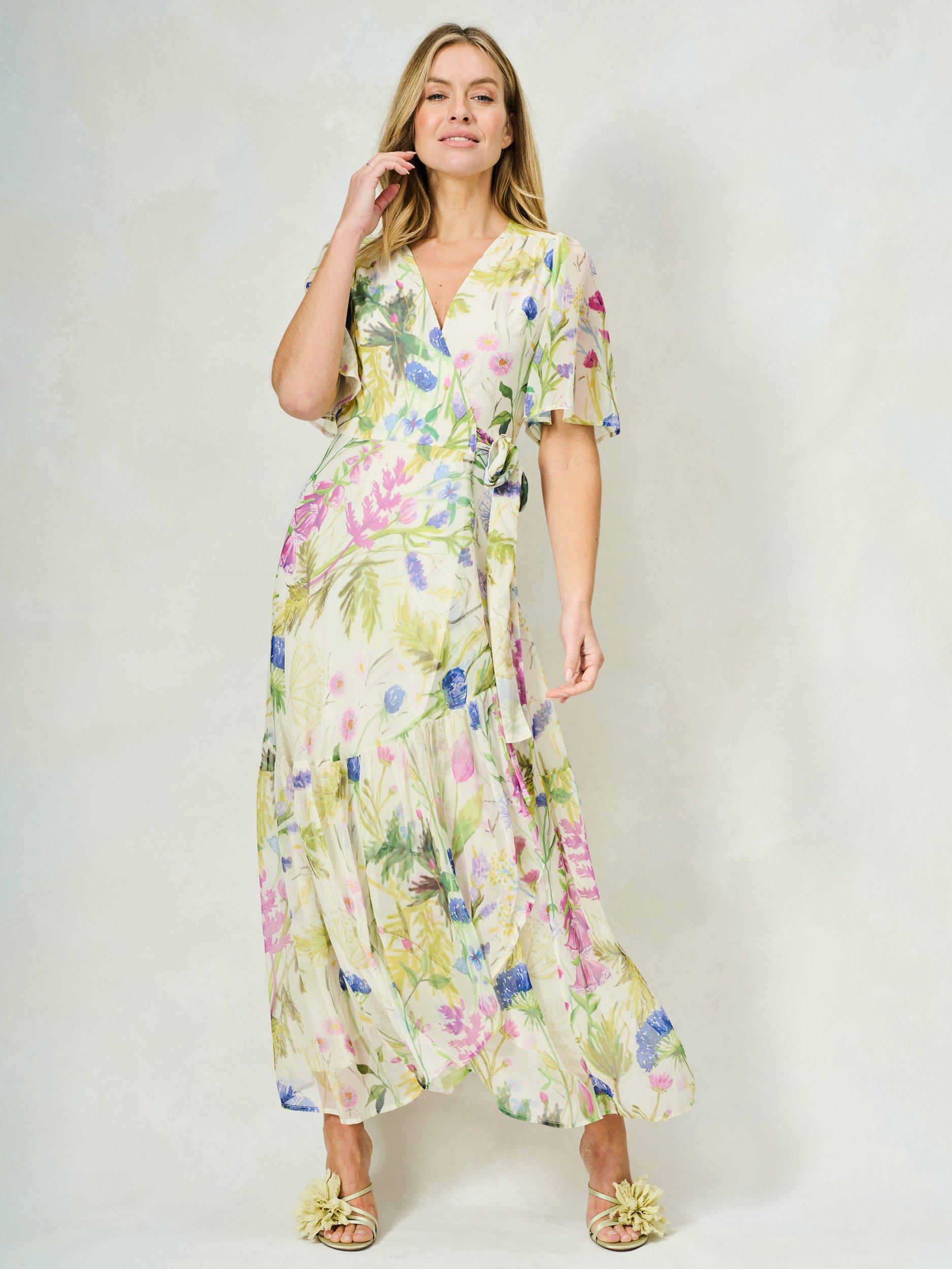 Product image 2 of 7, which shows Hope & Ivy The Valentina Floral Chiffon Wrap Maxi Dress, White/Multi, 8