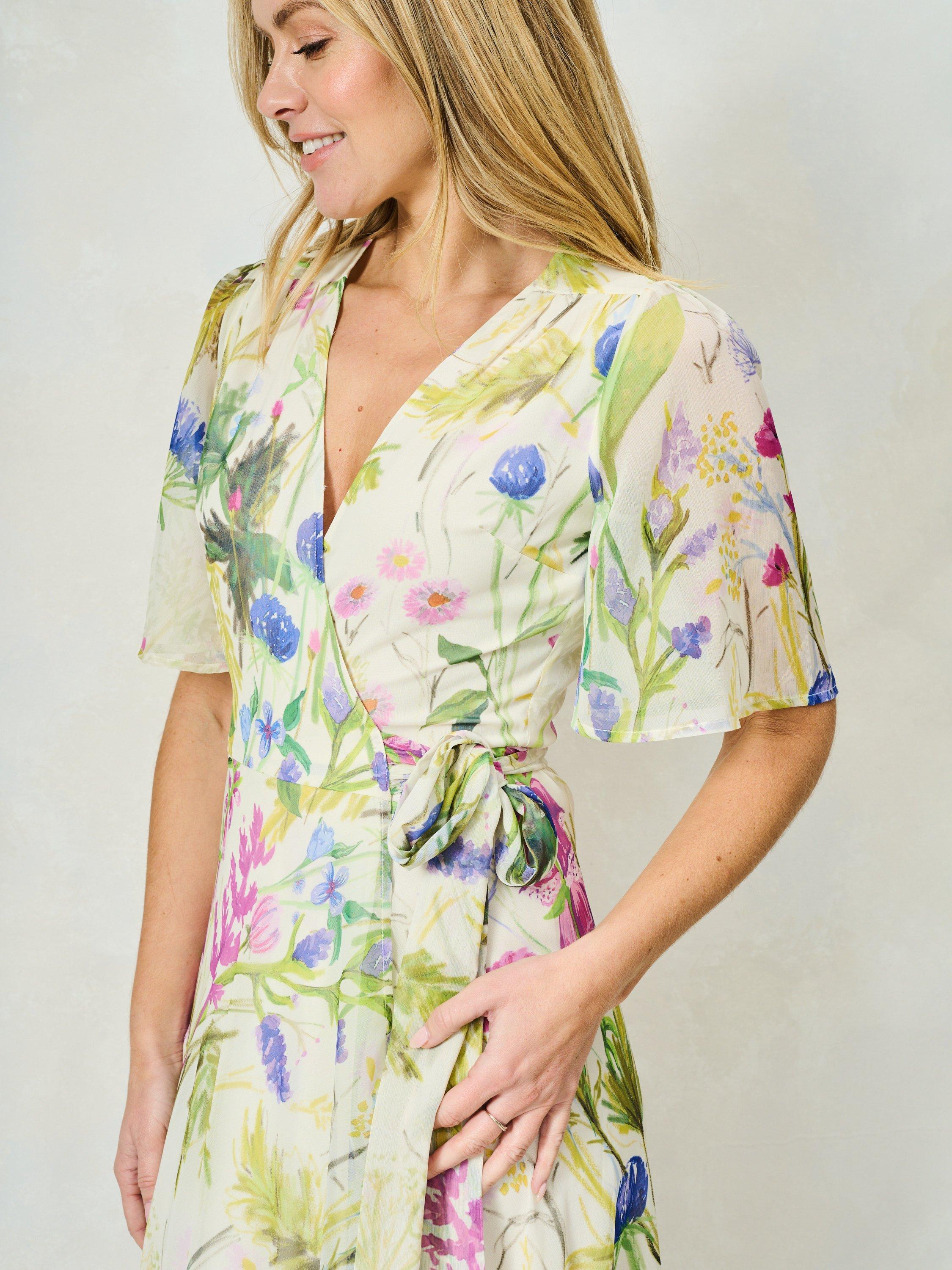 Product image 6 of 7, which shows Hope & Ivy The Valentina Floral Chiffon Wrap Maxi Dress, White/Multi, 8