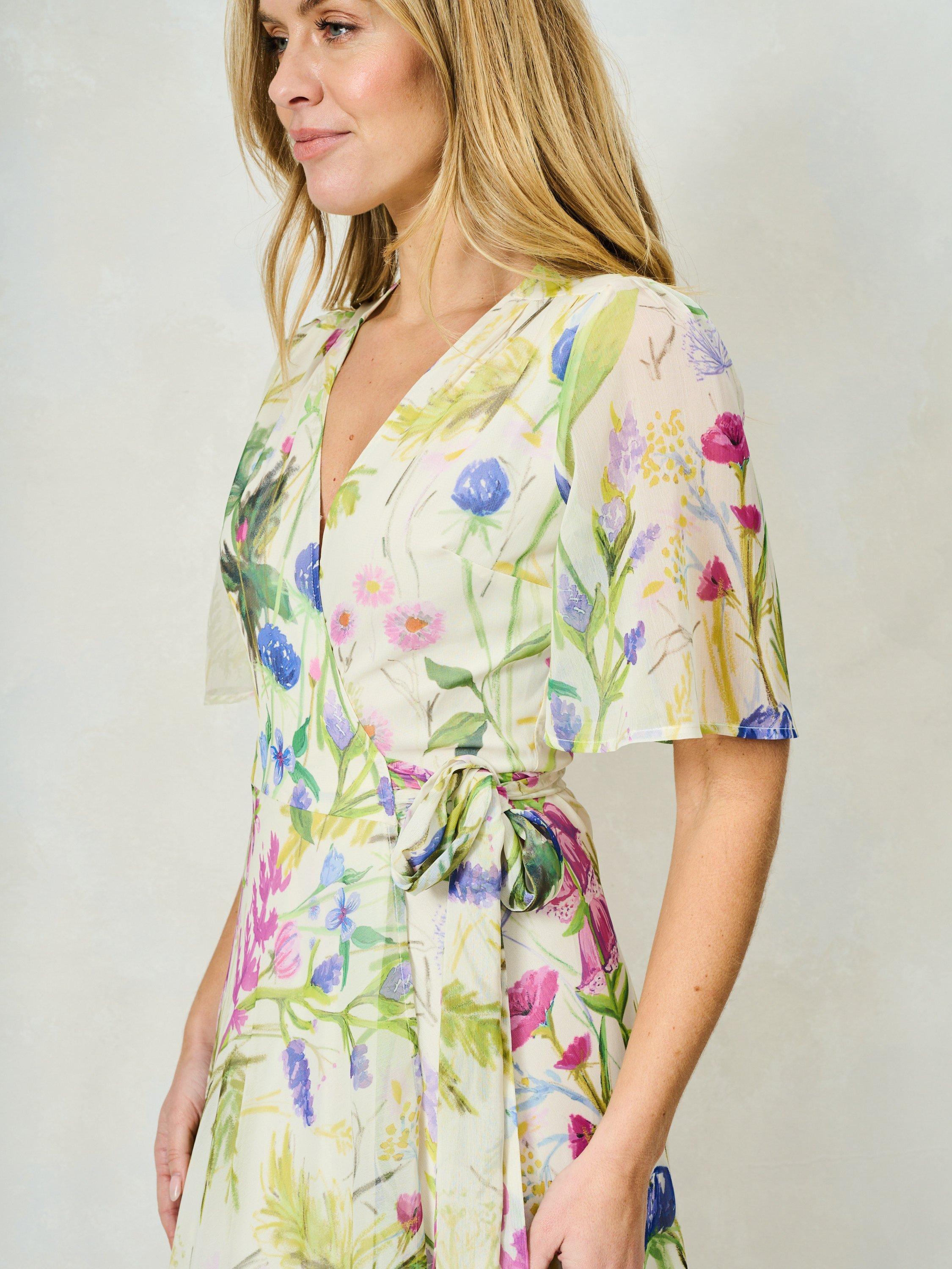 Product image 7 of 7, which shows Hope & Ivy The Valentina Floral Chiffon Wrap Maxi Dress, White/Multi, 8