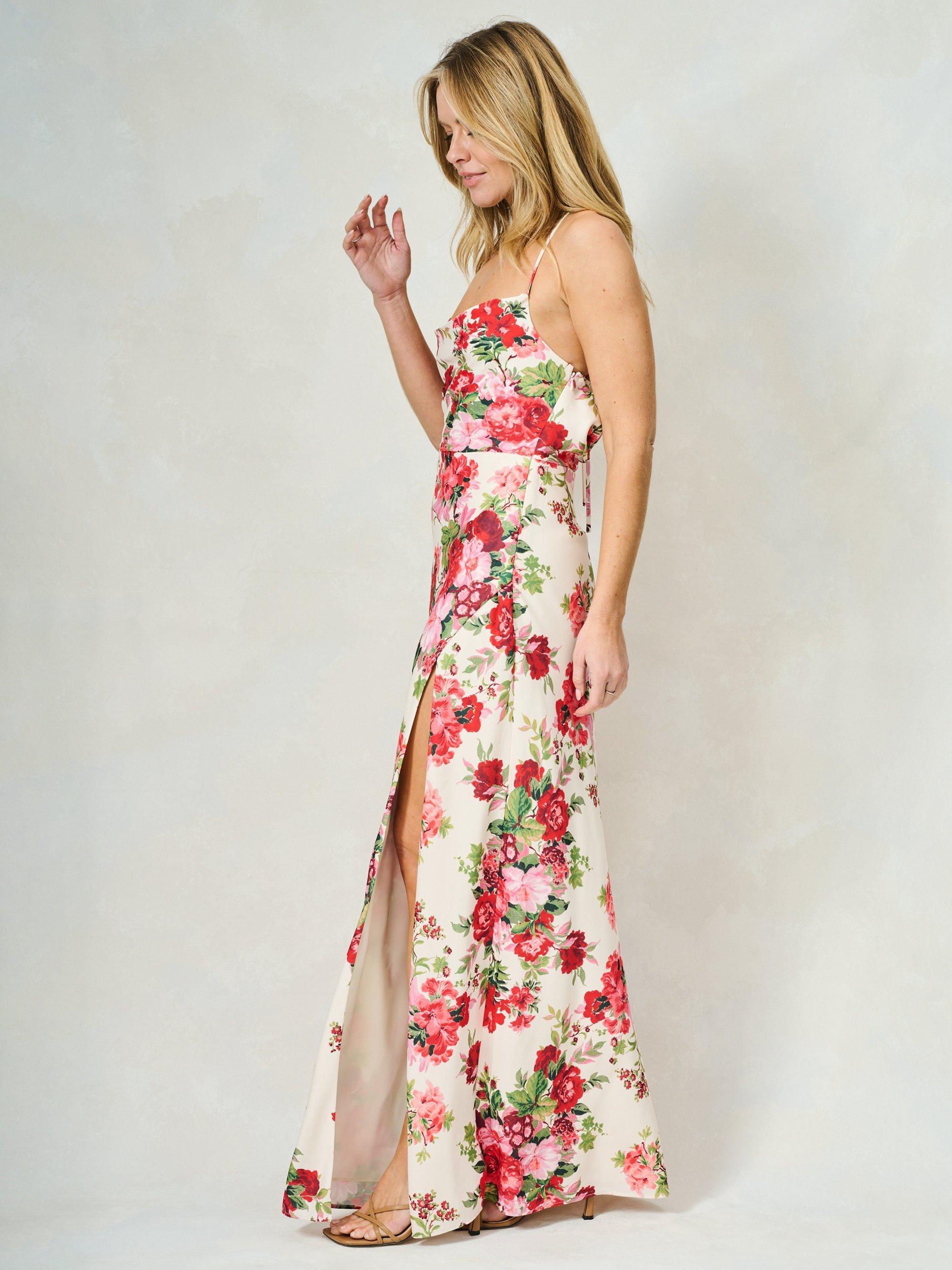 Product image 3 of 6, which shows Hope & Ivy The Valeria Floral Cowl Neck Split Maxi Dress, White/Multi, 6