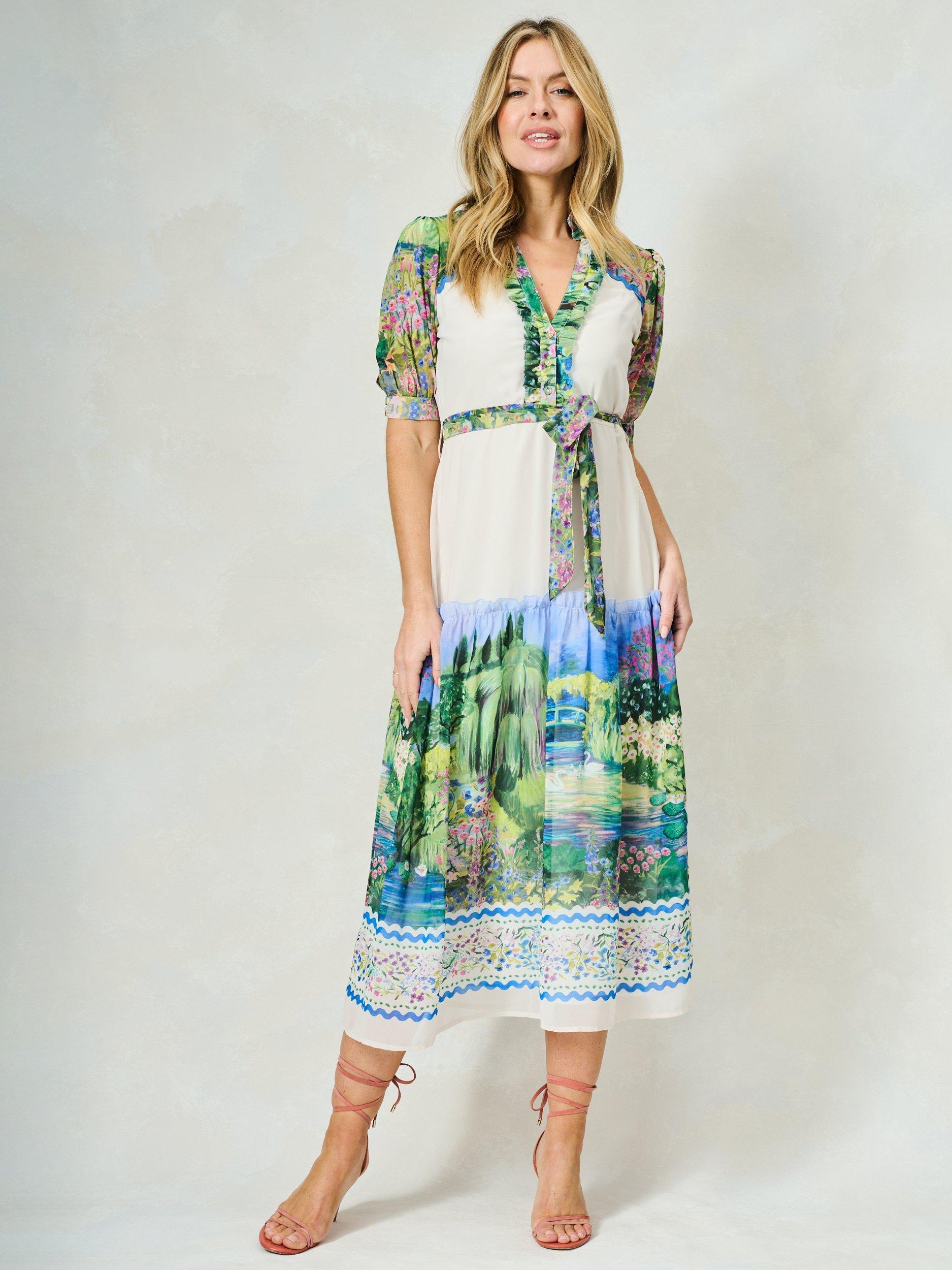 Product image 1 of 5, which shows Hope & Ivy The Zara Landscape Scene Tie Waist A-Line Midi Dress, White/Multi, 6