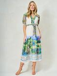 Hope & Ivy The Zara Landscape Scene Tie Waist A-Line Midi Dress, White/Multi, White/Multi