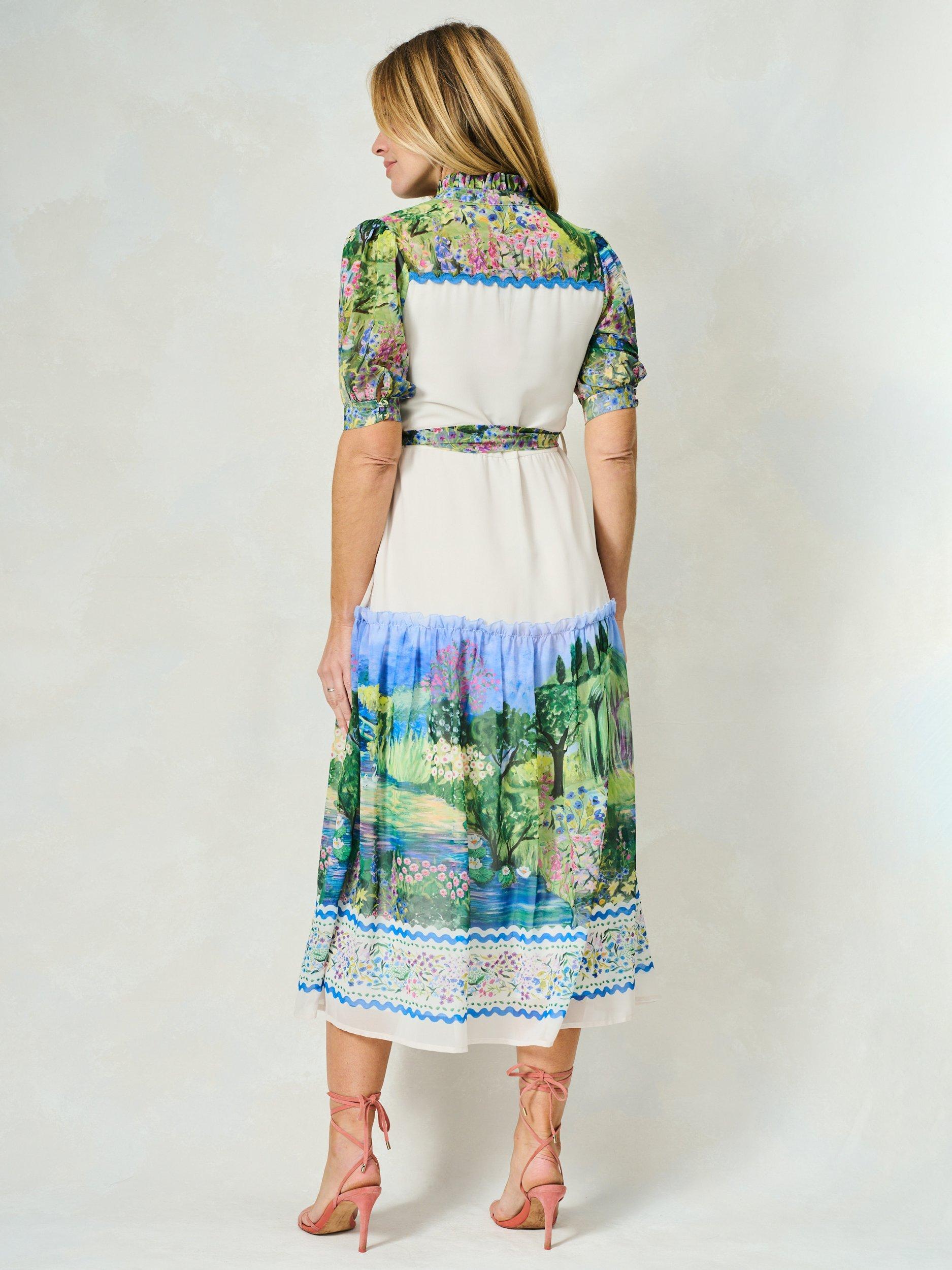 Product image 2 of 5, which shows Hope & Ivy The Zara Landscape Scene Tie Waist A-Line Midi Dress, White/Multi, 6