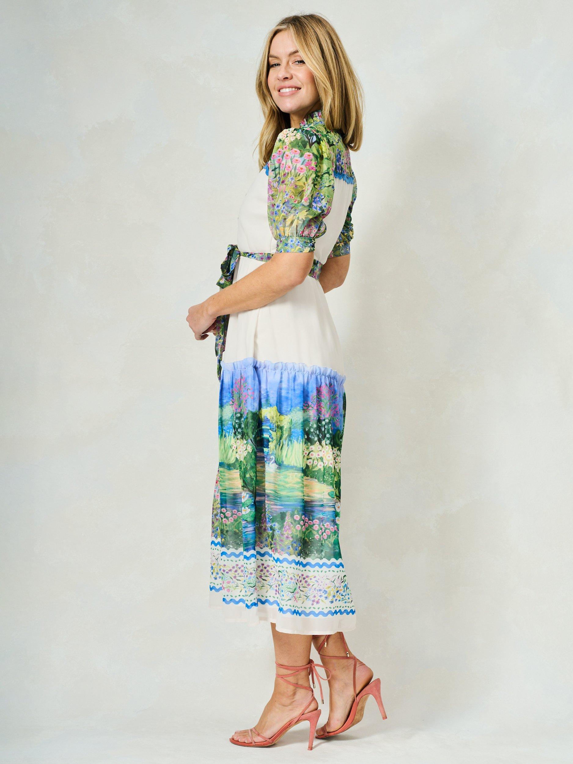 Product image 3 of 5, which shows Hope & Ivy The Zara Landscape Scene Tie Waist A-Line Midi Dress, White/Multi, 6