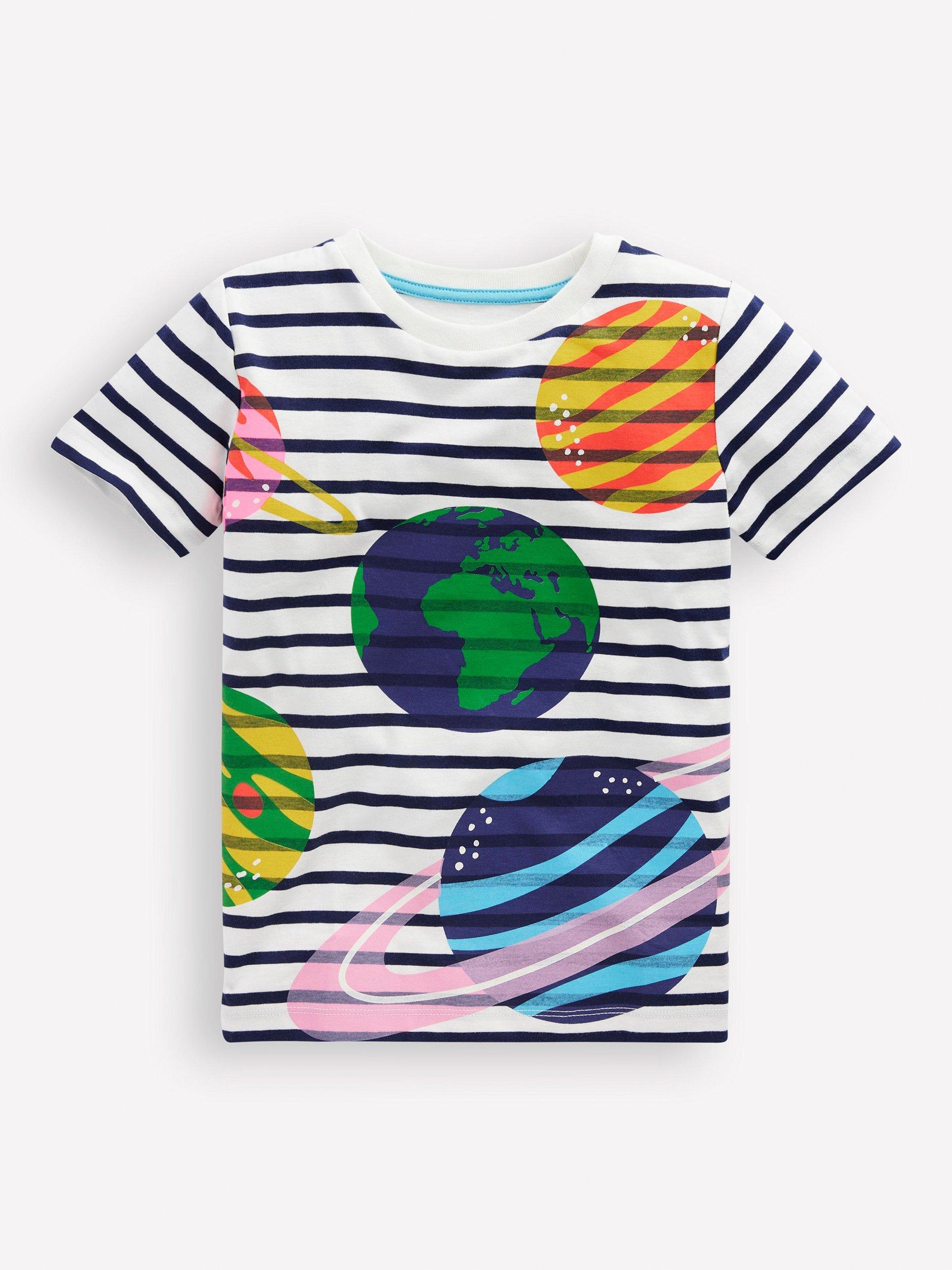 Product image 1 of 3, which shows Mini Boden Kids' Riso Graphic T-Shirt, Blue/Ivory, 2-3 years