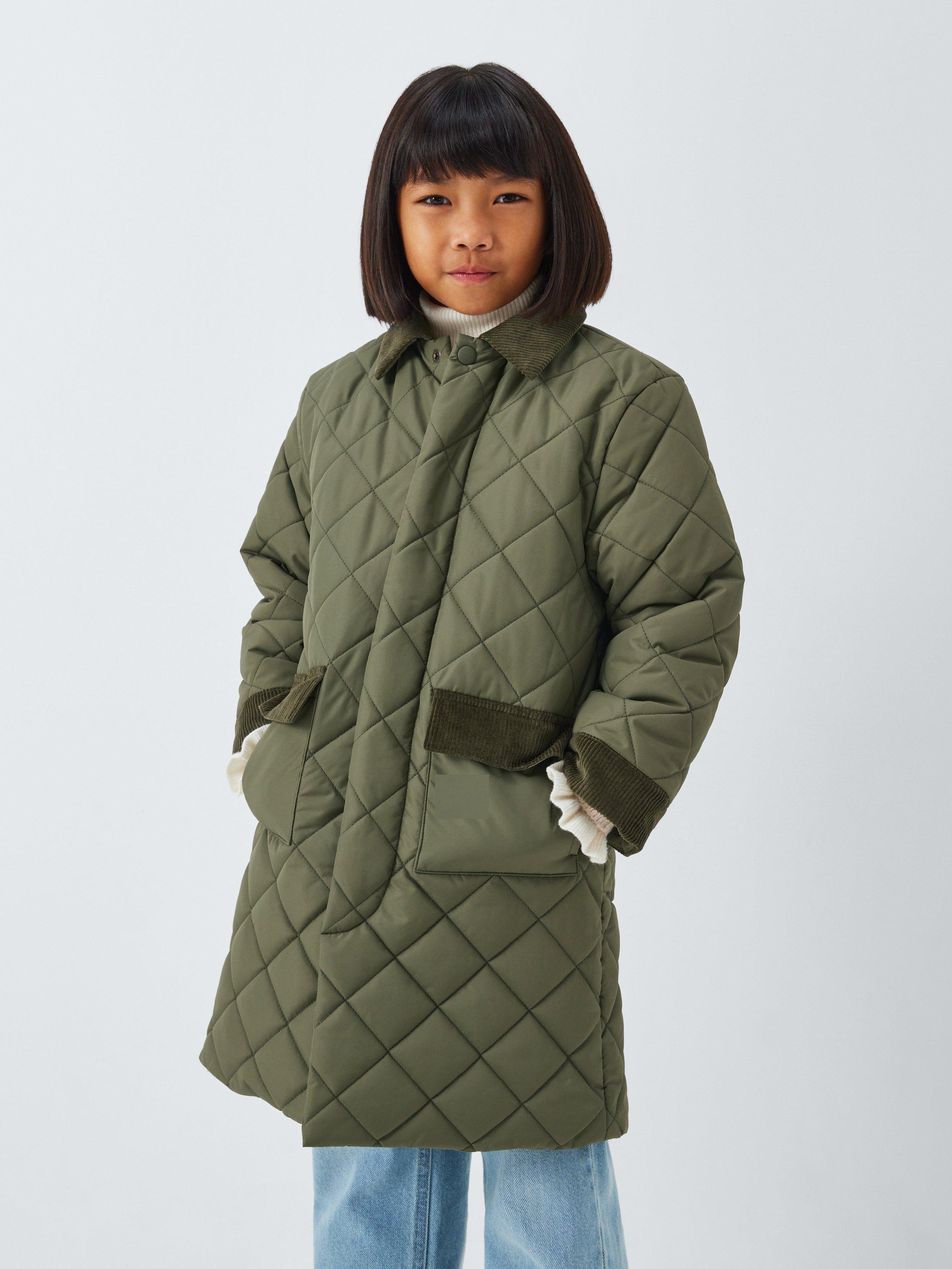 Product image 1 of 7, which shows John Lewis Kids' Quilted Longline Jacket, Khaki Green, 3 years