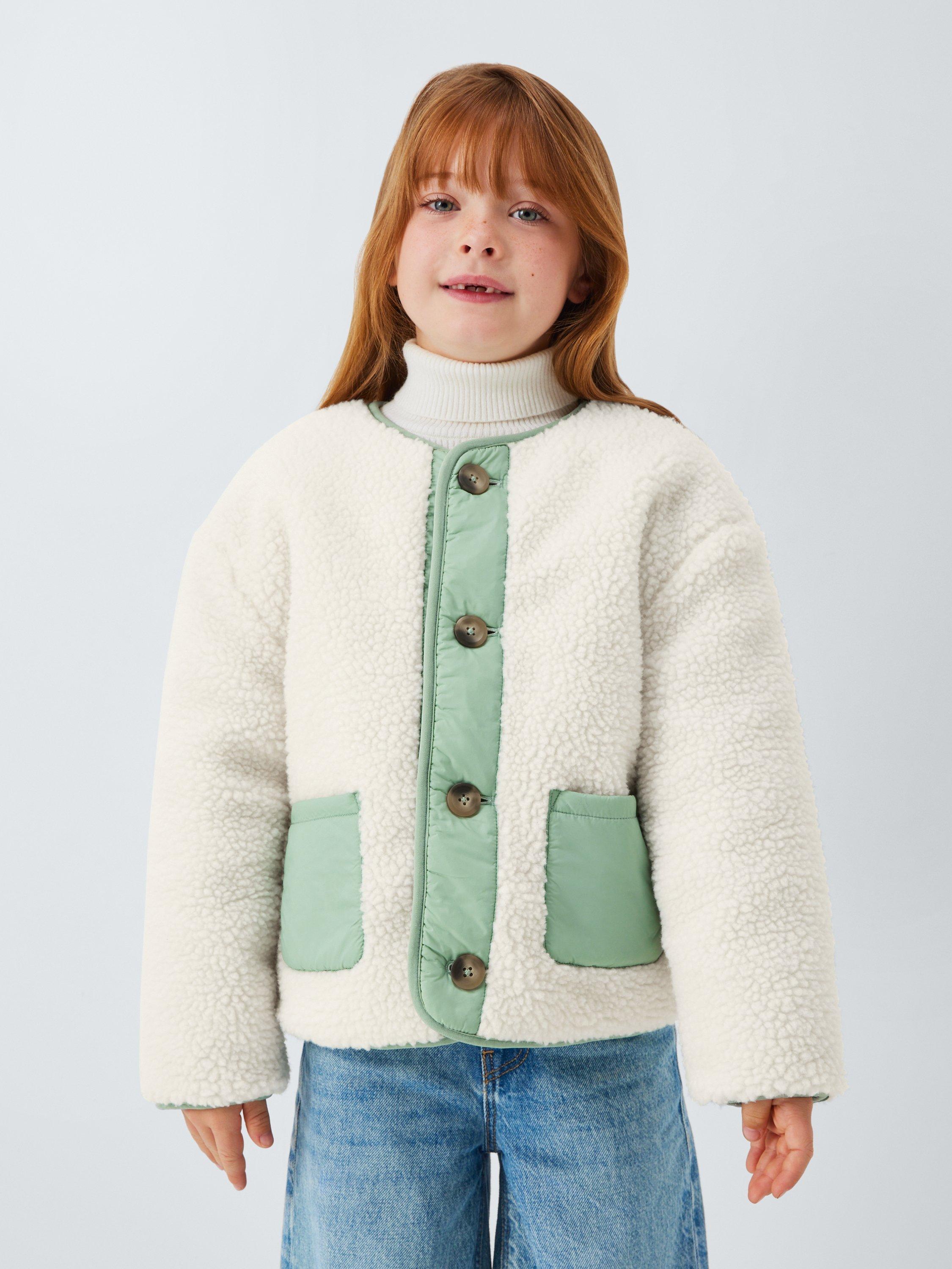 Product image 1 of 8, which shows John Lewis Kids' Reversible Borg/Quilted Jacket, Cream, Green, 4 years