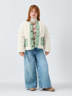 John Lewis Kids' Reversible Borg/Quilted Jacket, Cream, Green - view 2, Cream, Green