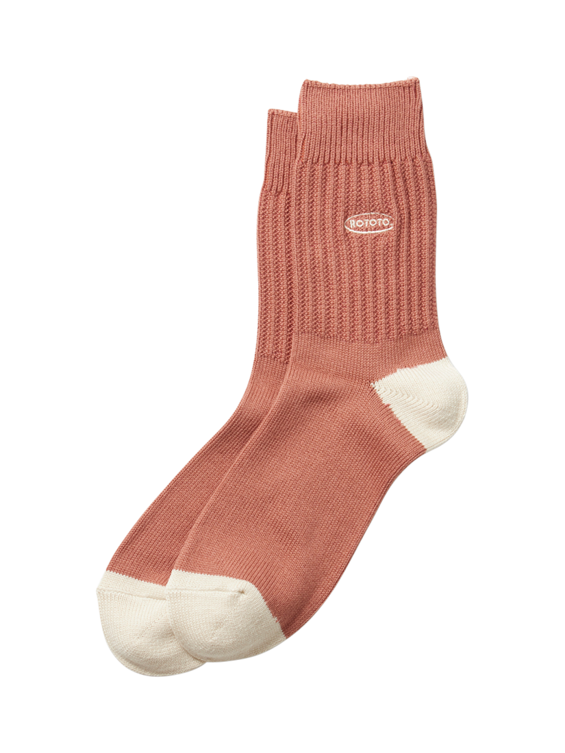 Product image 1 of 1, which shows ROTOTO Ribbed Knit Crew Socks, Coral, S