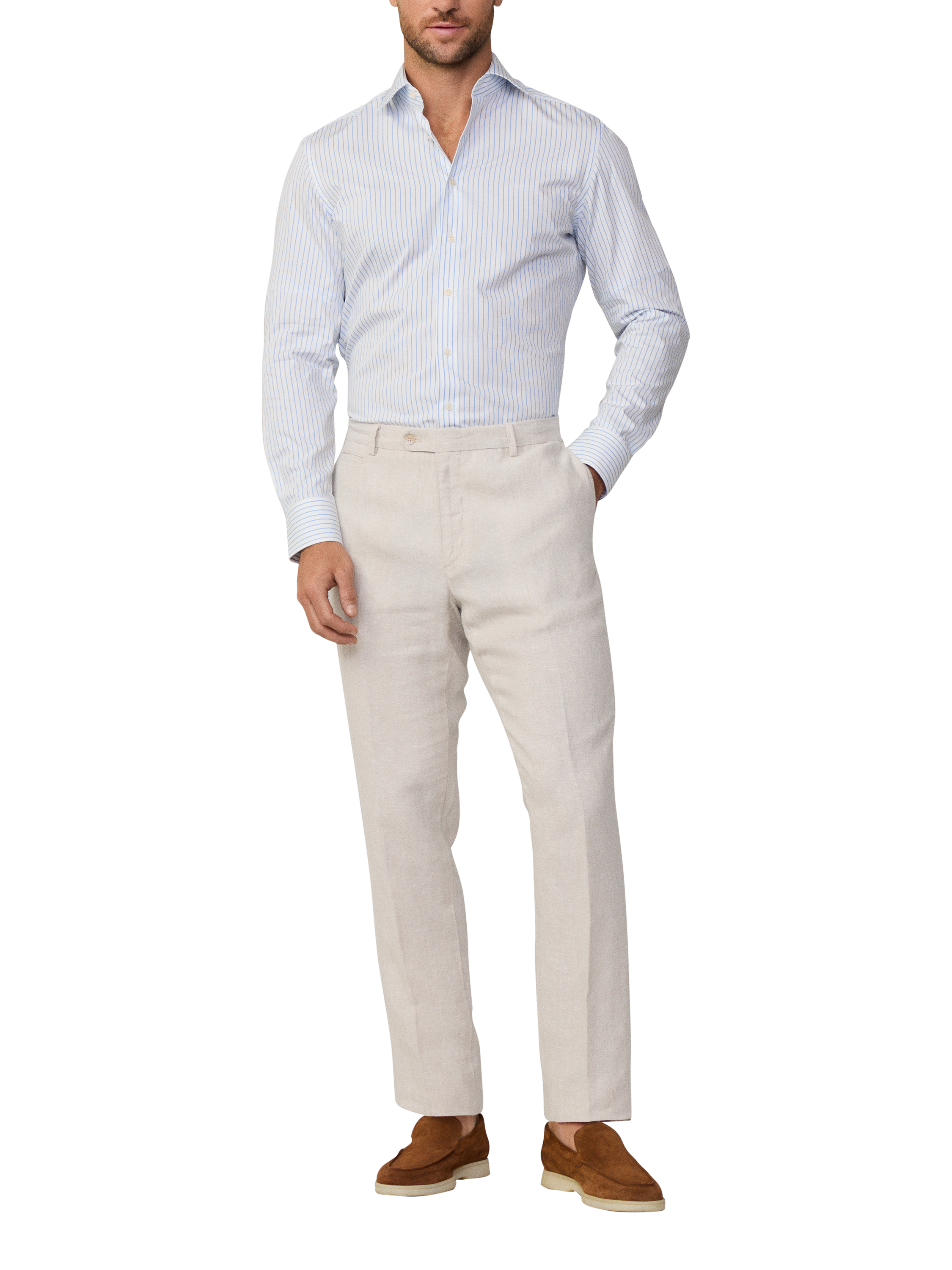 Product image 1 of 6, which shows Hackett London Slim Fit Kensington Linen Chino Trousers, Beige, 28R