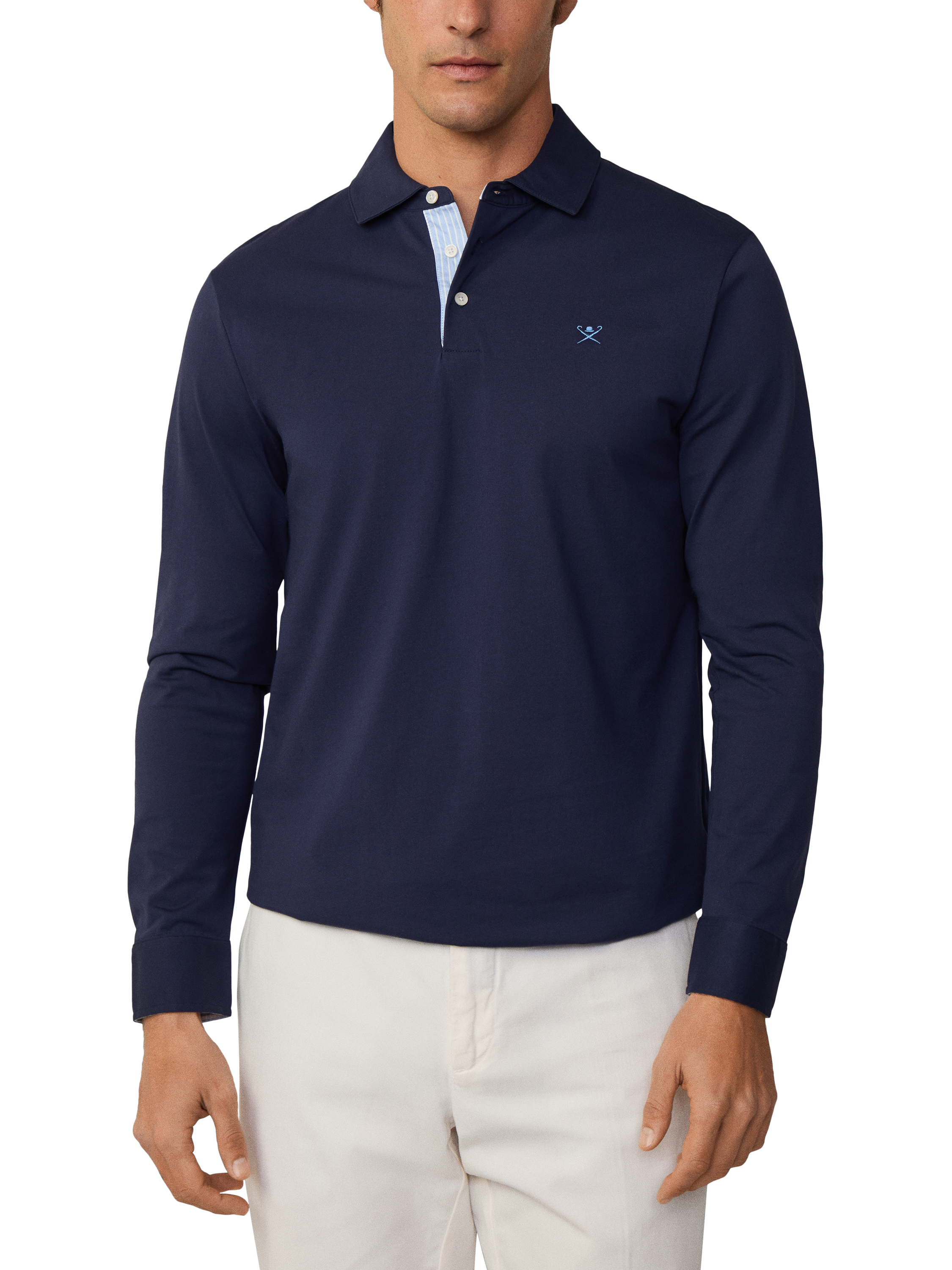 Product image 1 of 7, which shows Hackett London Cotton Classic Fit Long Sleeve Polo Shirt, Ink Blue, XS