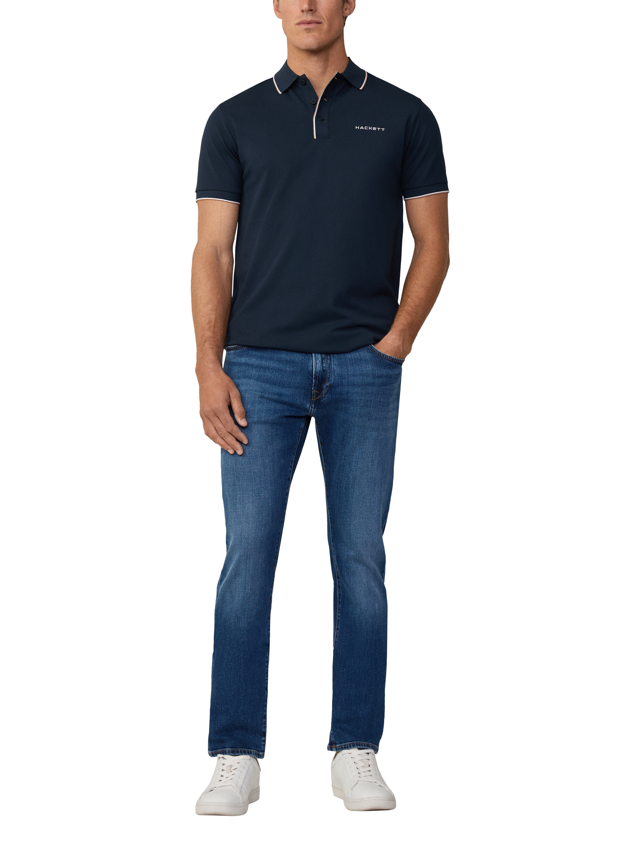 Product image 1 of 6, which shows Hackett London Cotton Blend Regular Fit Short Sleeve Polo Shirt, Navy, XXXL