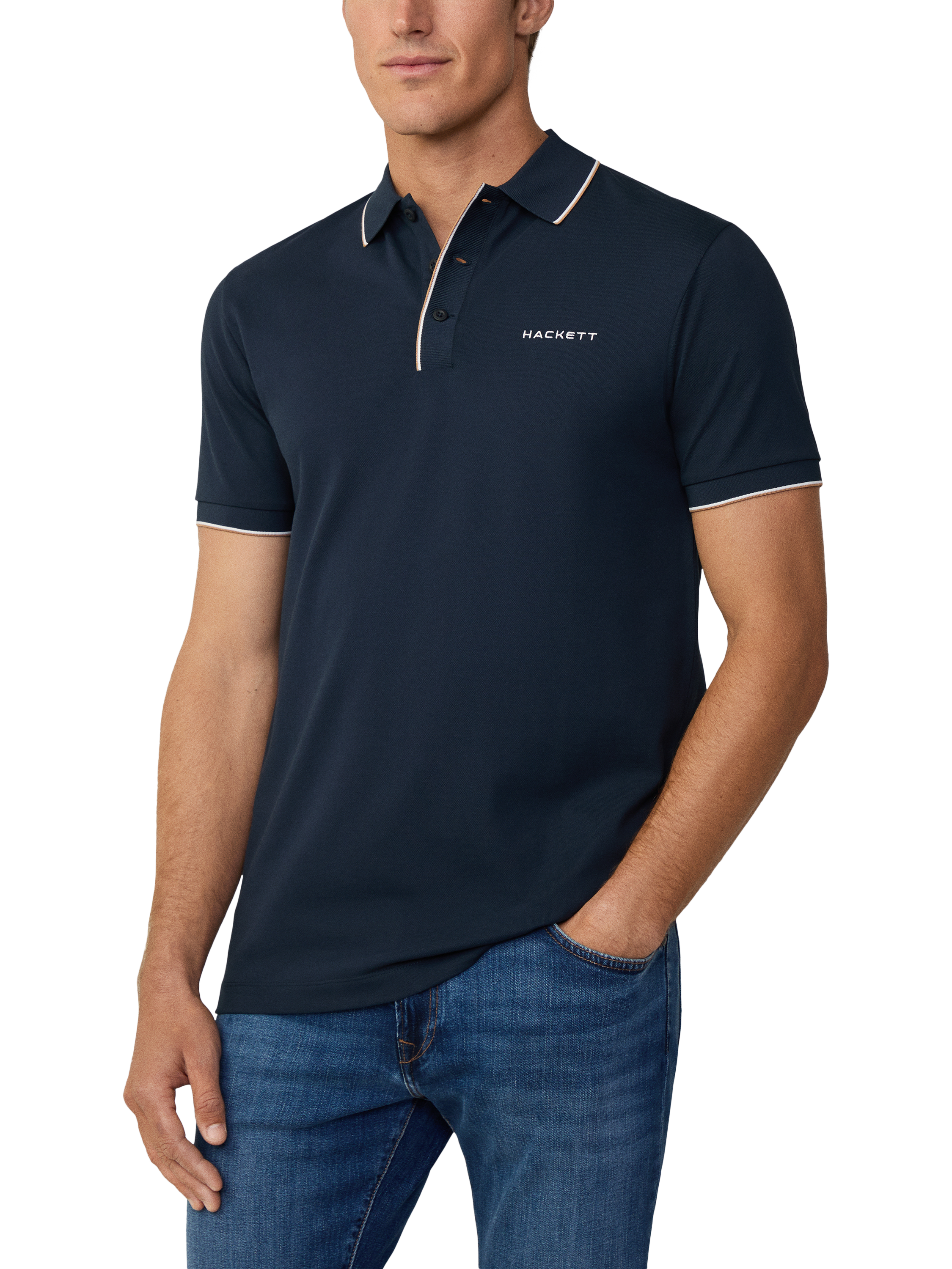 Product image 2 of 6, which shows Hackett London Cotton Blend Regular Fit Short Sleeve Polo Shirt, Navy, XXXL