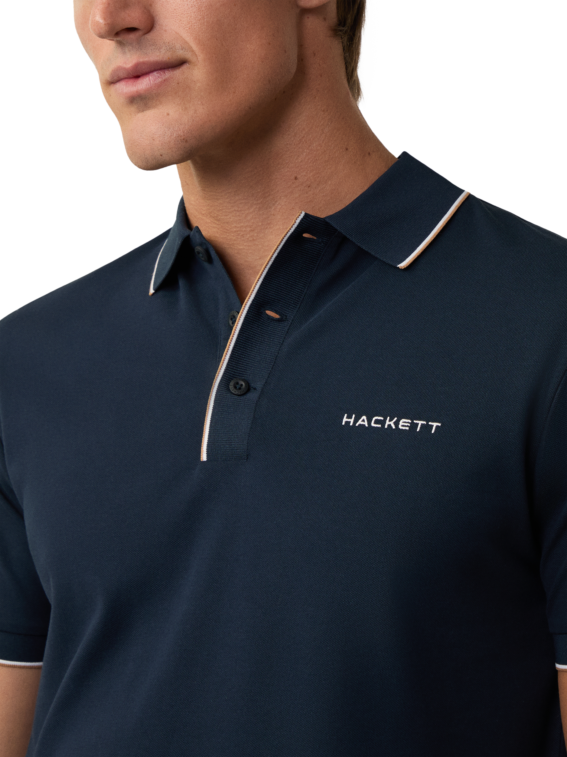 Product image 4 of 6, which shows Hackett London Cotton Blend Regular Fit Short Sleeve Polo Shirt, Navy, XXXL