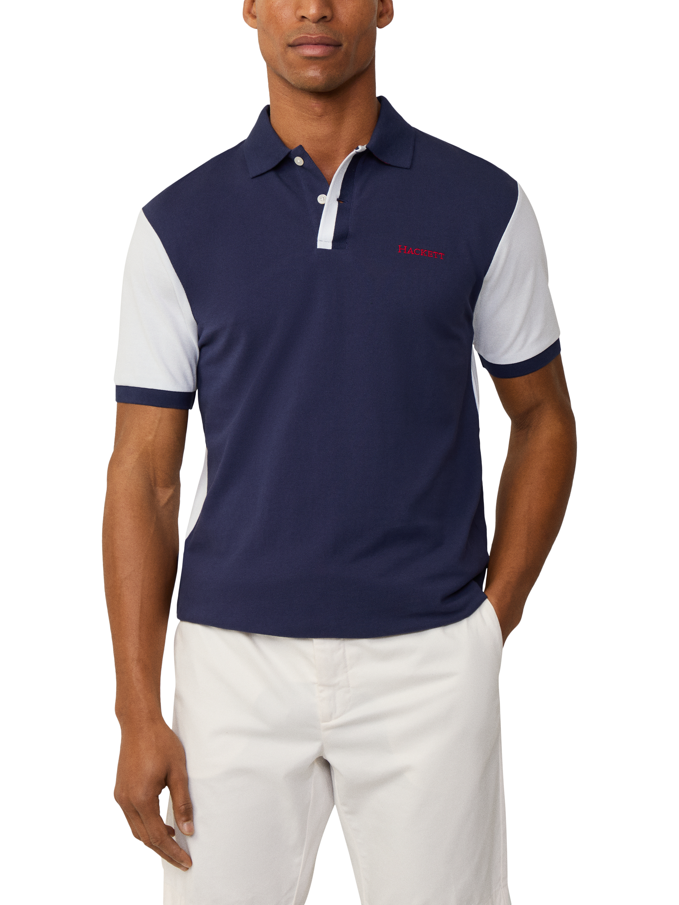 Product image 1 of 7, which shows Hackett London Cotton Classic Fit Colour Block Rugby Shirt, Ink Blue, XXXL