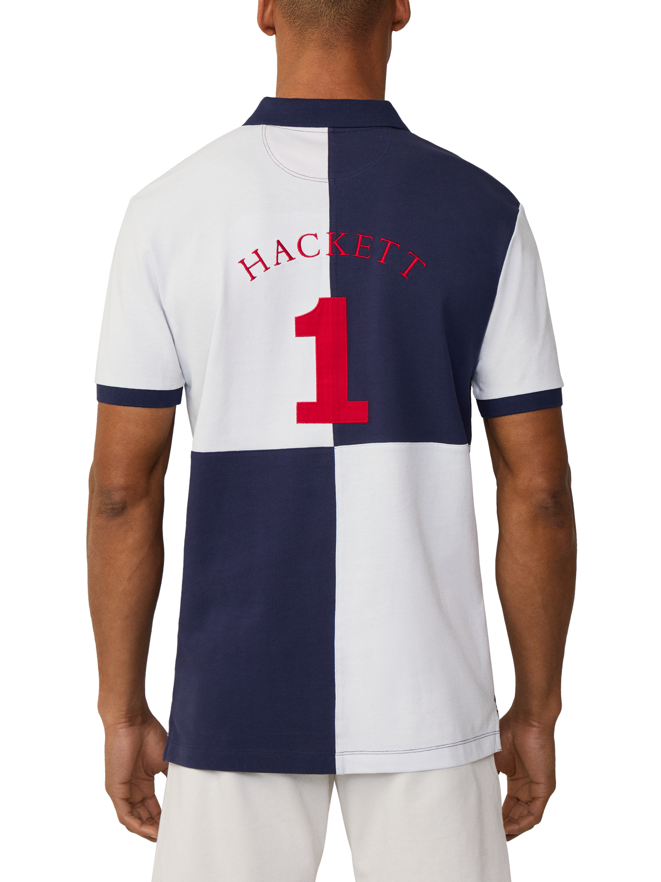 Product image 2 of 7, which shows Hackett London Cotton Classic Fit Colour Block Rugby Shirt, Ink Blue, XXXL