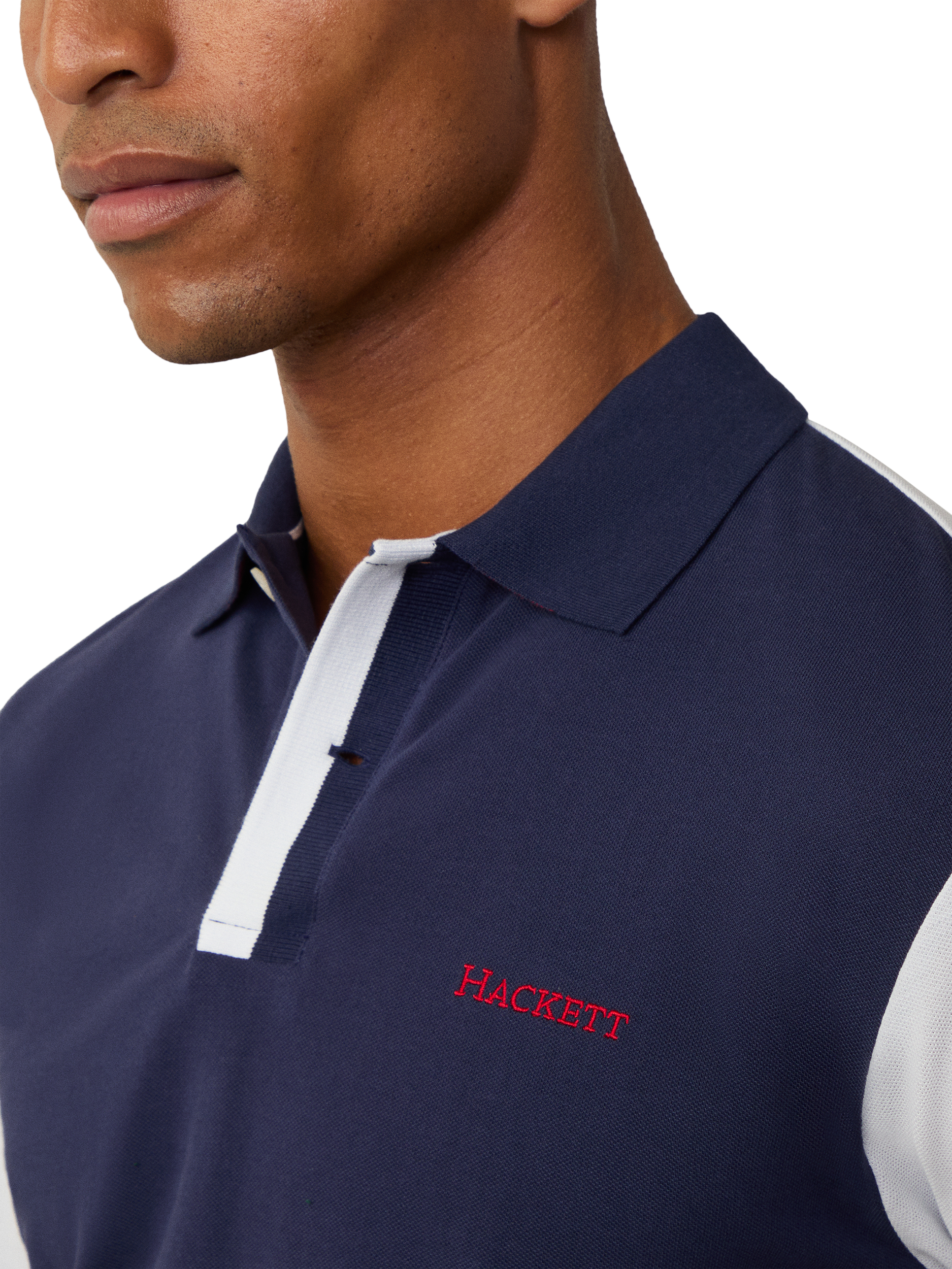 Product image 4 of 7, which shows Hackett London Cotton Classic Fit Colour Block Rugby Shirt, Ink Blue, XXXL