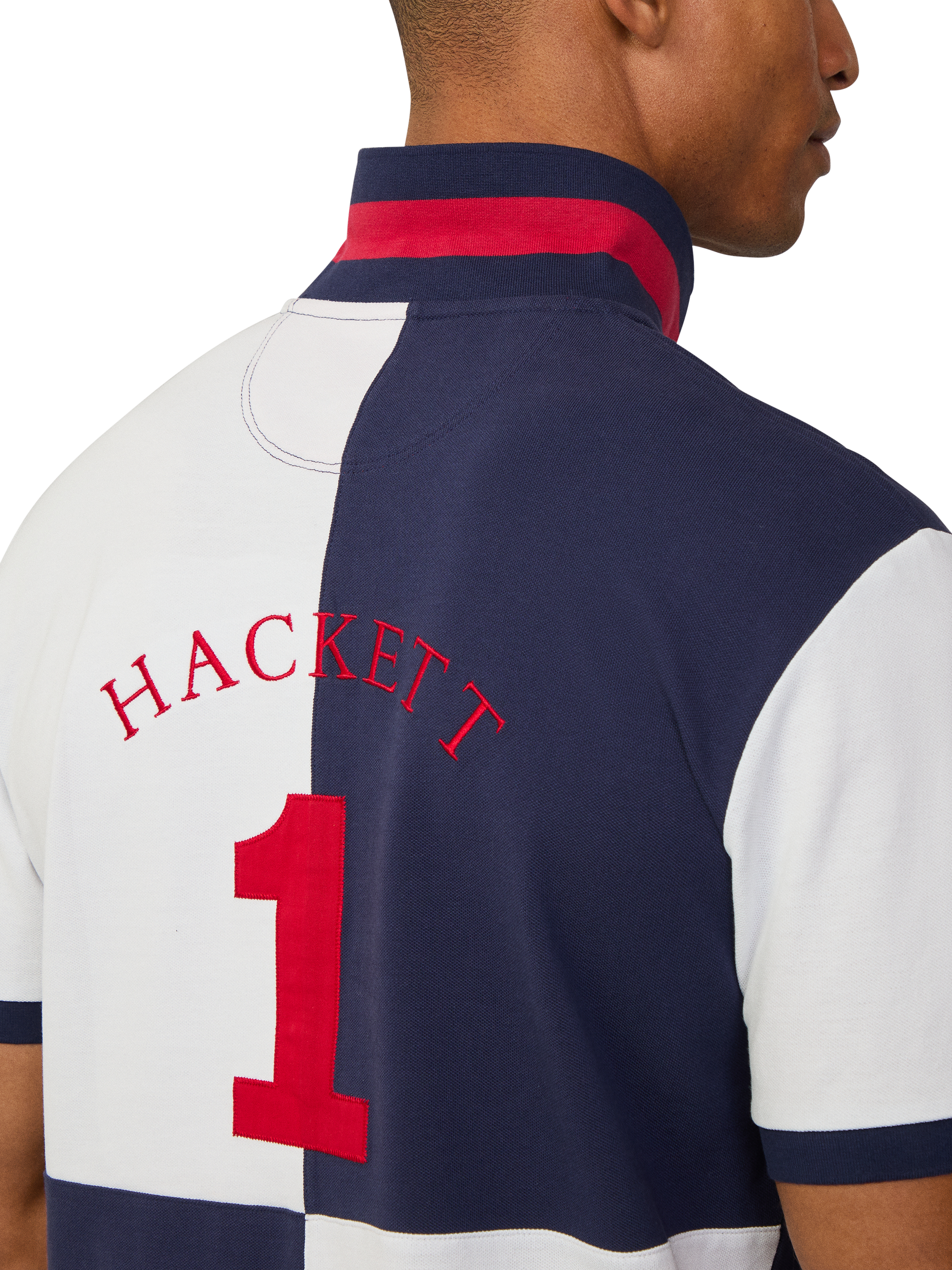 Product image 5 of 7, which shows Hackett London Cotton Classic Fit Colour Block Rugby Shirt, Ink Blue, XXXL