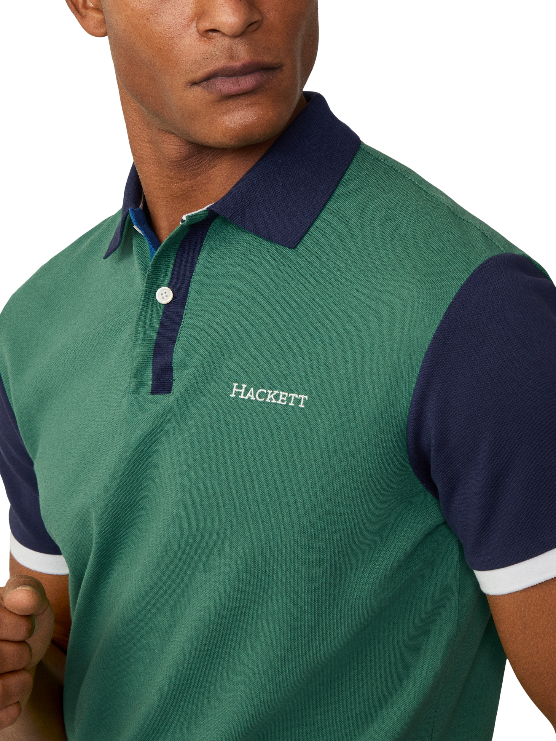 Product image 4 of 7, which shows Hackett London Cotton Classic Fit Colour Block Rugby Shirt, Grass Green, XXL