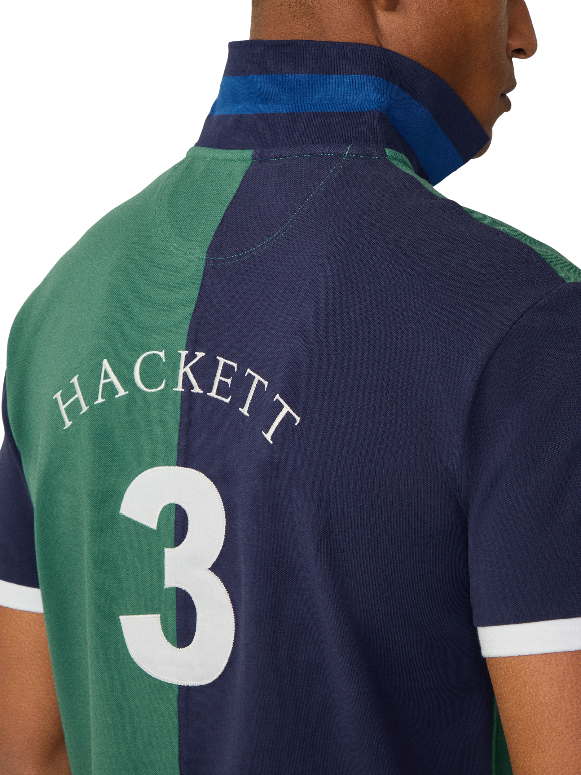 Product image 5 of 7, which shows Hackett London Cotton Classic Fit Colour Block Rugby Shirt, Grass Green, XXL