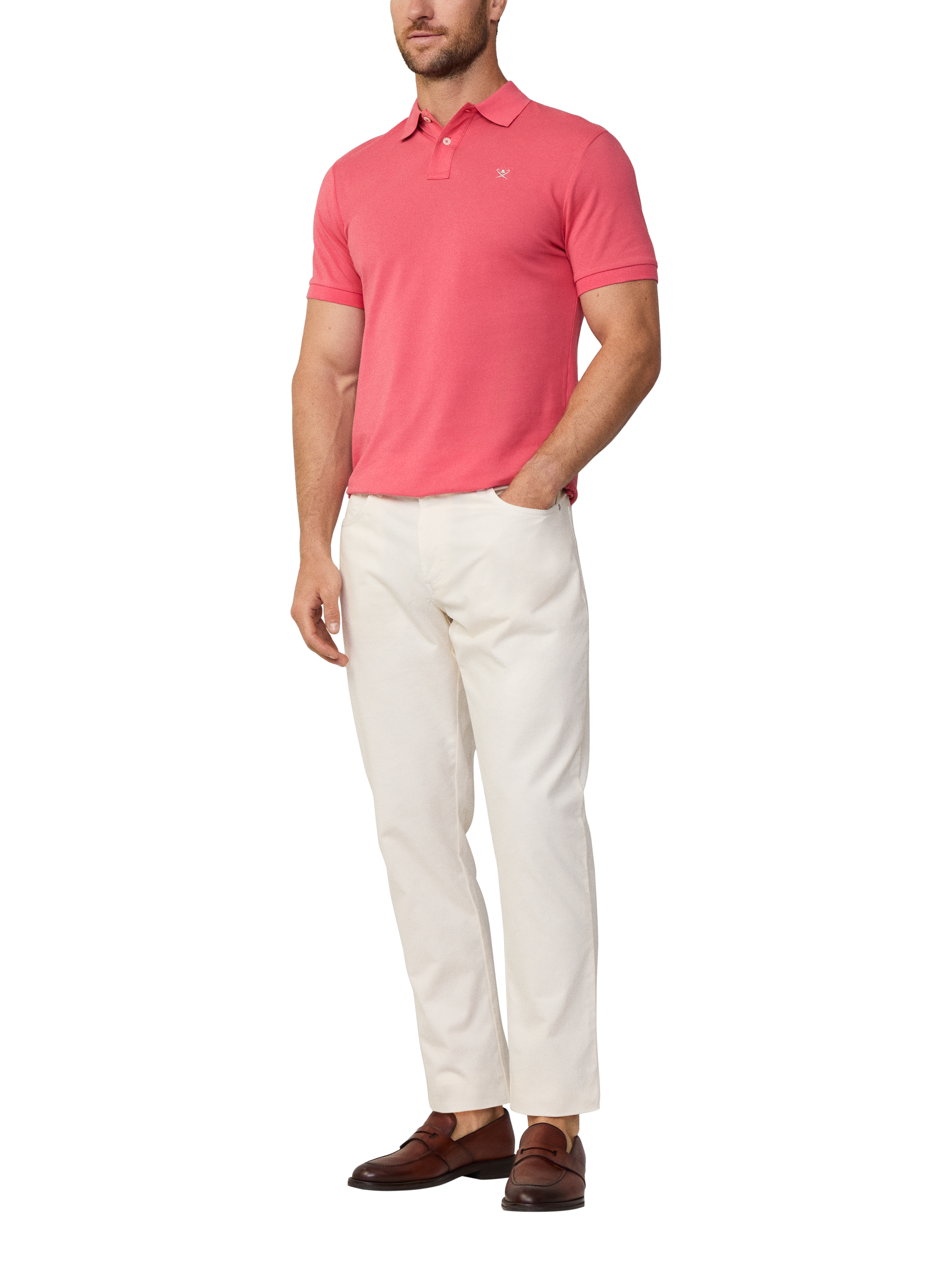 Product image 1 of 7, which shows Hackett London Cotton Regular Fit Short Sleeve Polo Shirt, Coral Pink, XS
