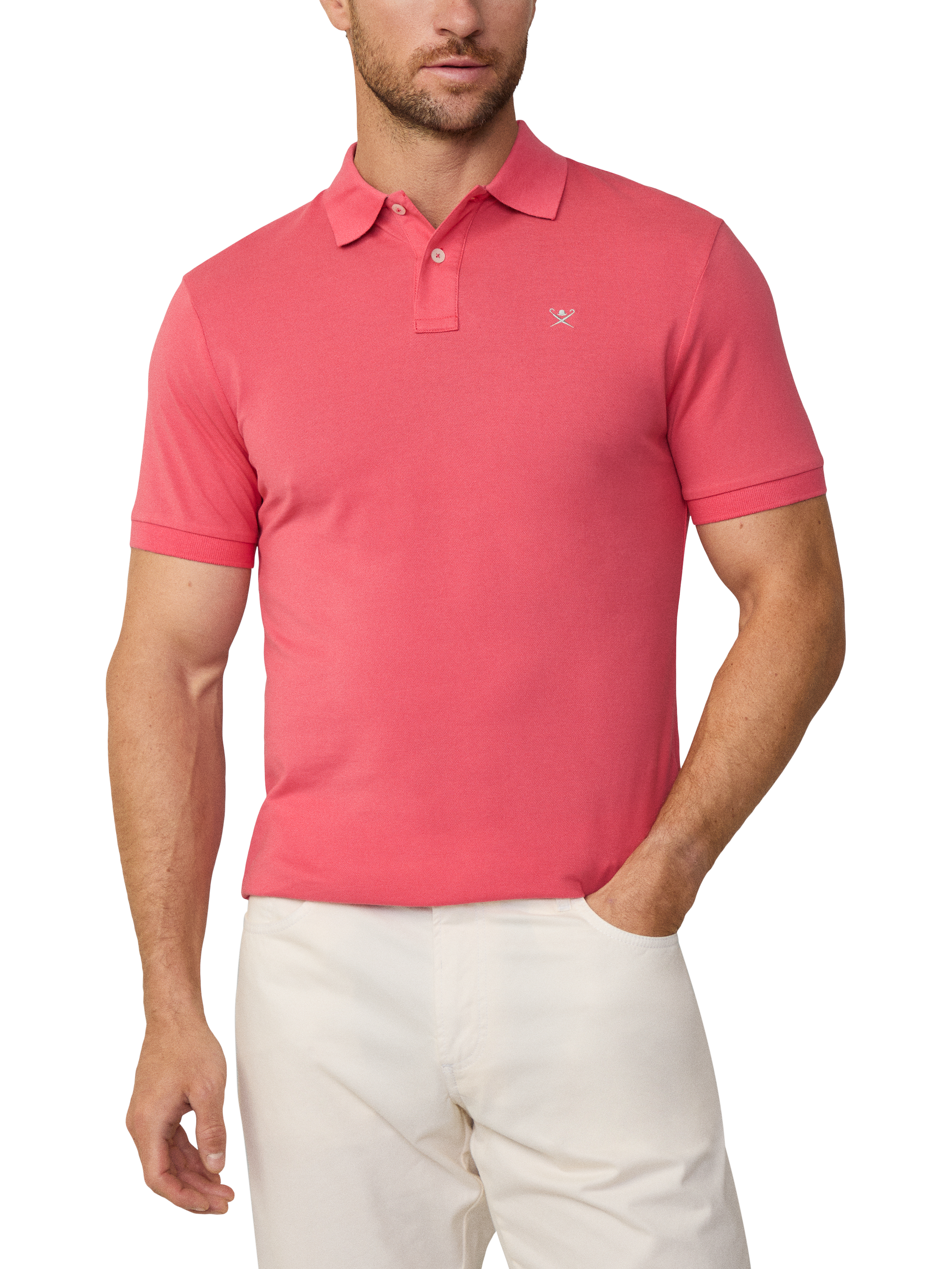 Product image 2 of 7, which shows Hackett London Cotton Regular Fit Short Sleeve Polo Shirt, Coral Pink, XS