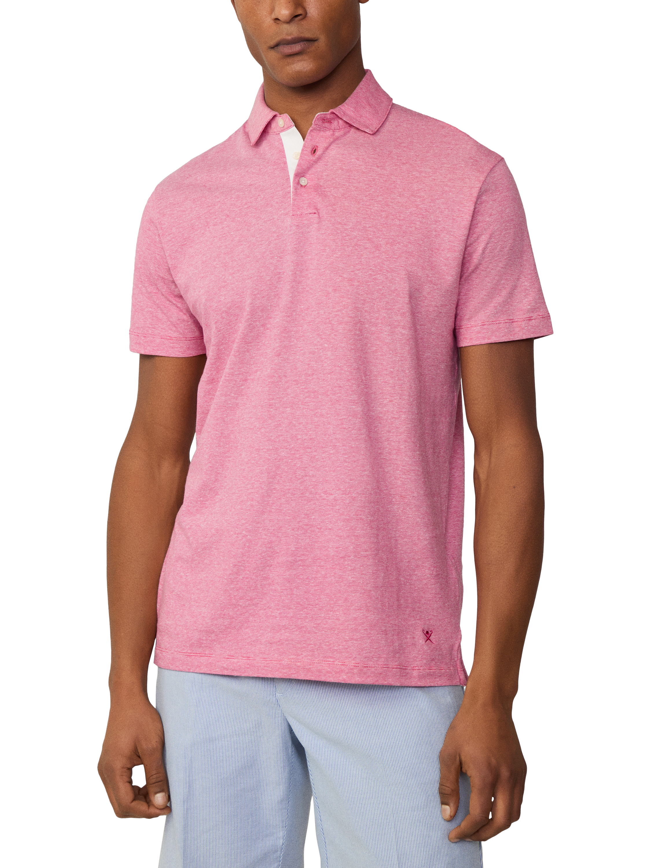 Product image 1 of 6, which shows Hackett London Linen Blend Regular Fit Short Sleeve Polo Shirt, Hibiscus Pink, XXL