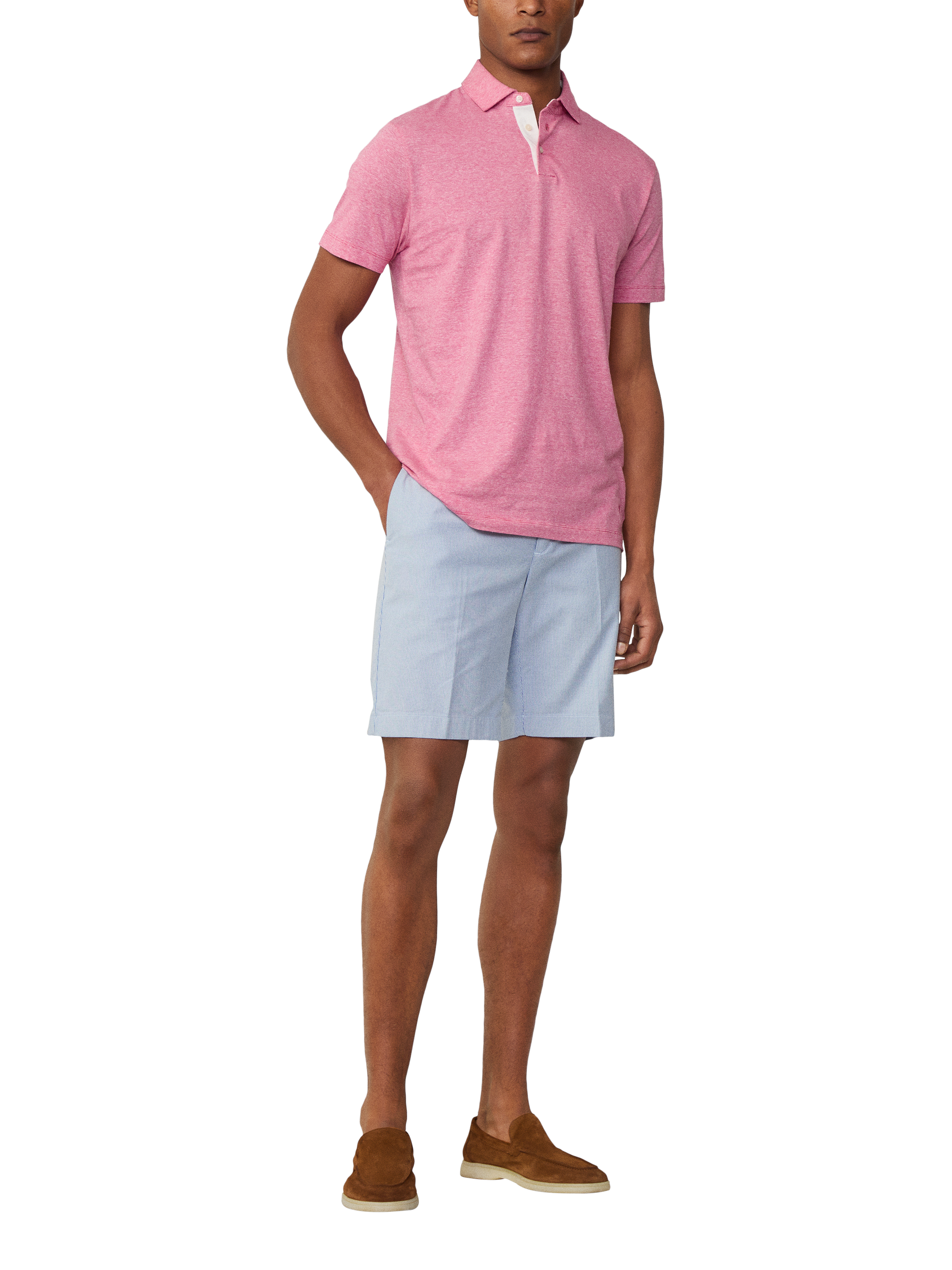 Product image 3 of 6, which shows Hackett London Linen Blend Regular Fit Short Sleeve Polo Shirt, Hibiscus Pink, XXL