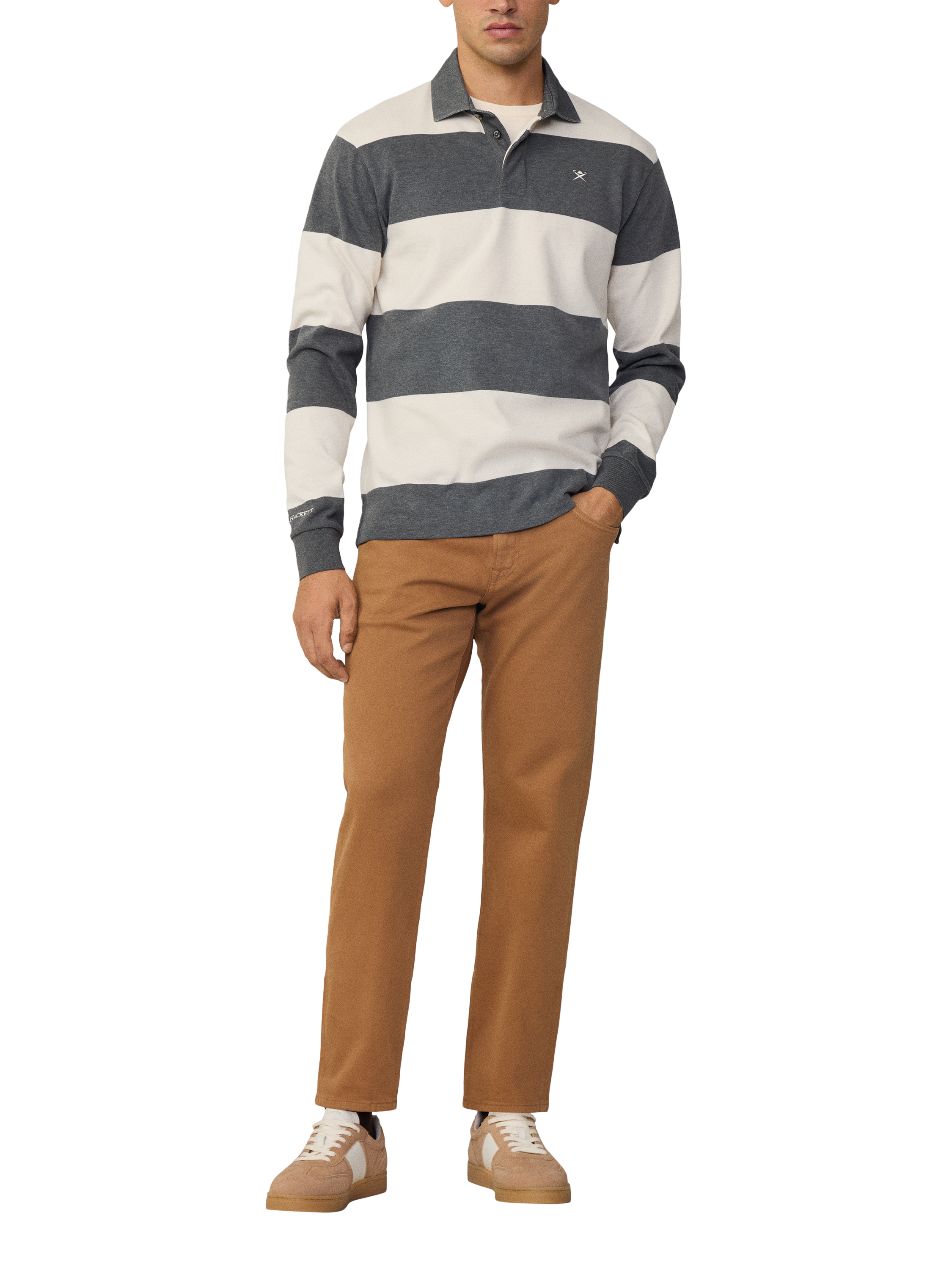 Product image 1 of 7, which shows Hackett London Cotton Striped Rugby Shirt, Granite Grey, XXXL