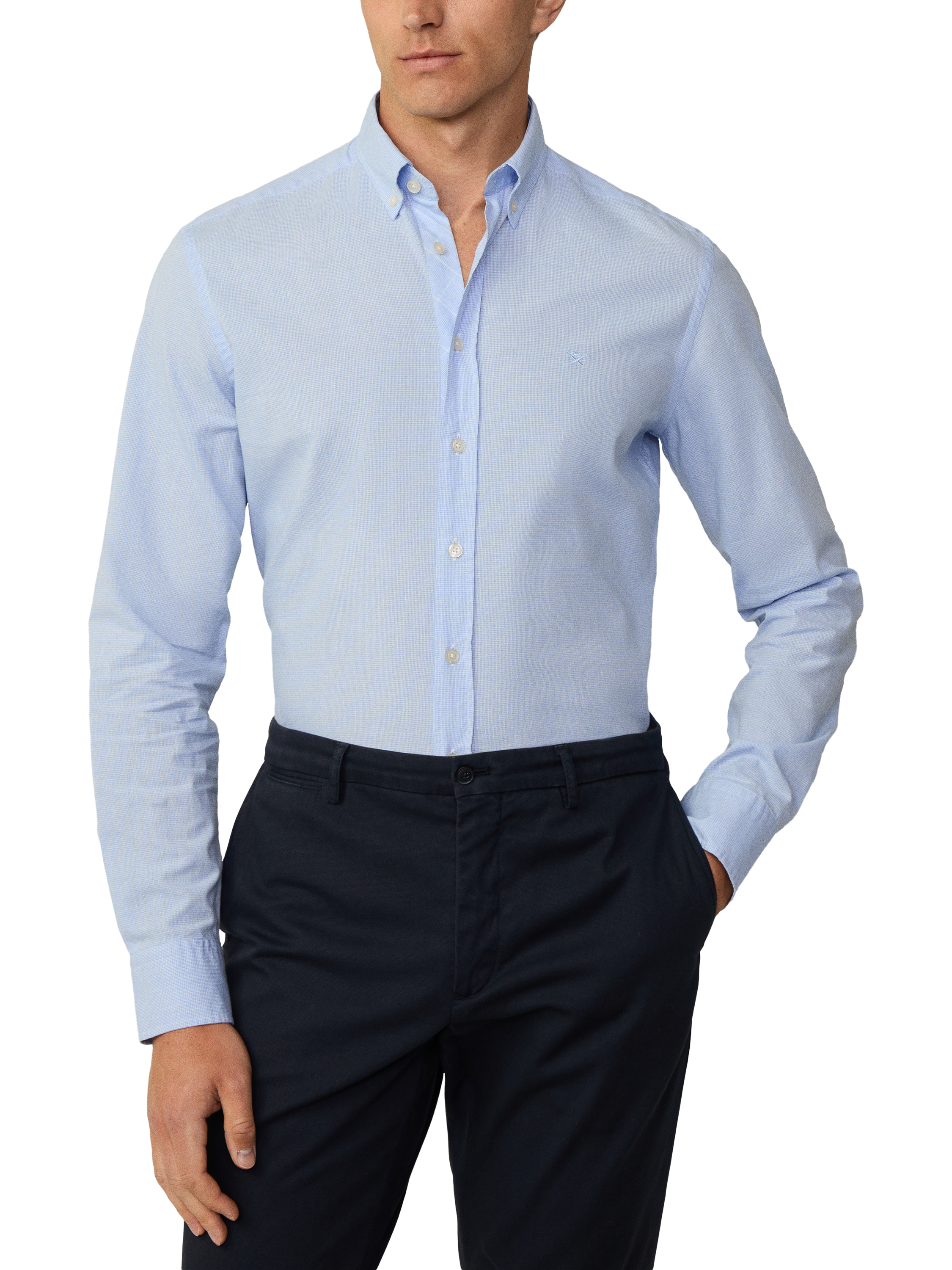 Product image 2 of 7, which shows Hackett London Linen Blend Tailored Fit Textured Shirt, Sky Blue, XXL