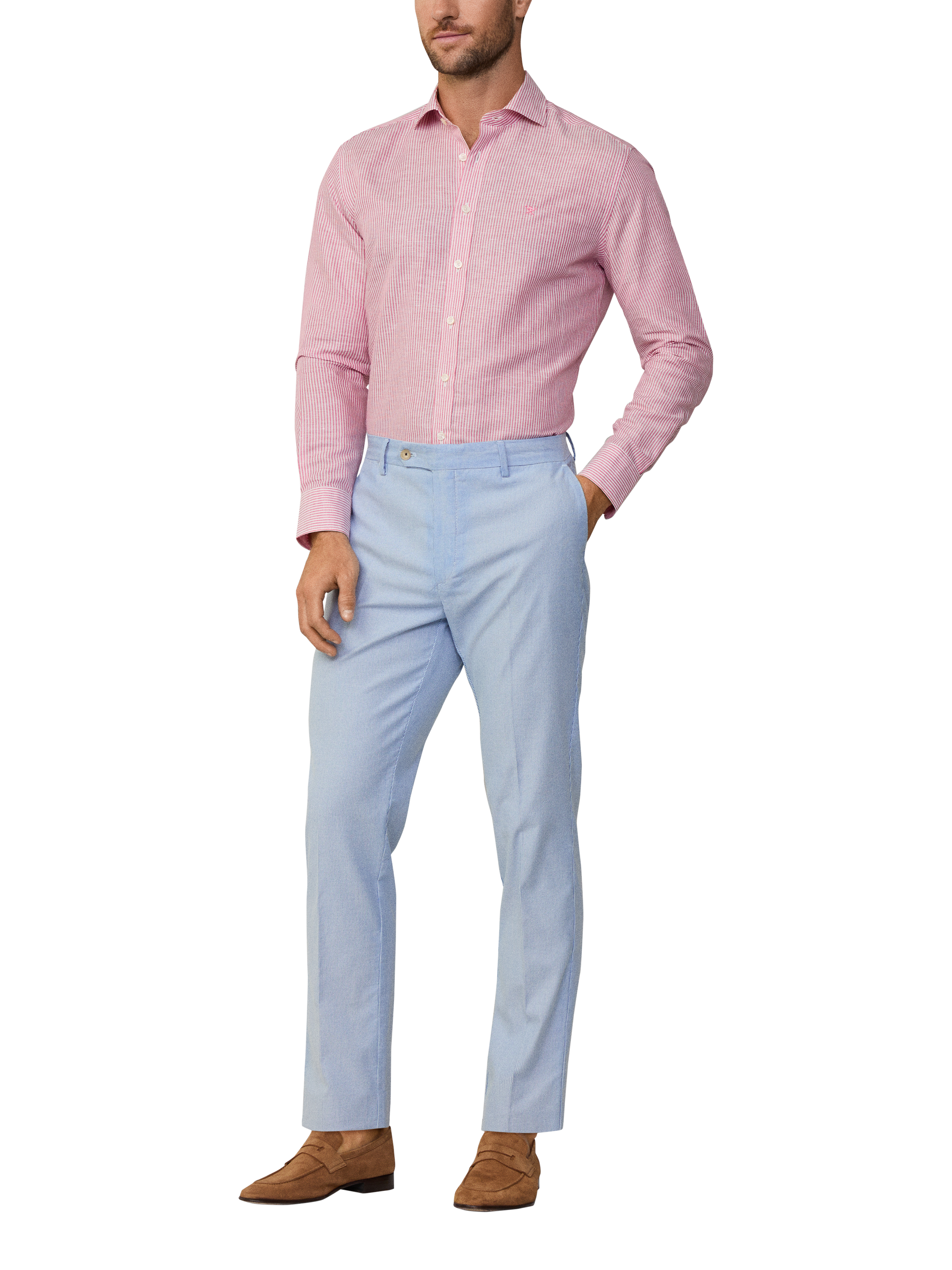Product image 1 of 7, which shows Hackett London Linen Cotton Bengal Stripe Tailored Fit Shirt, Hibiscus Pink/White, XXL
