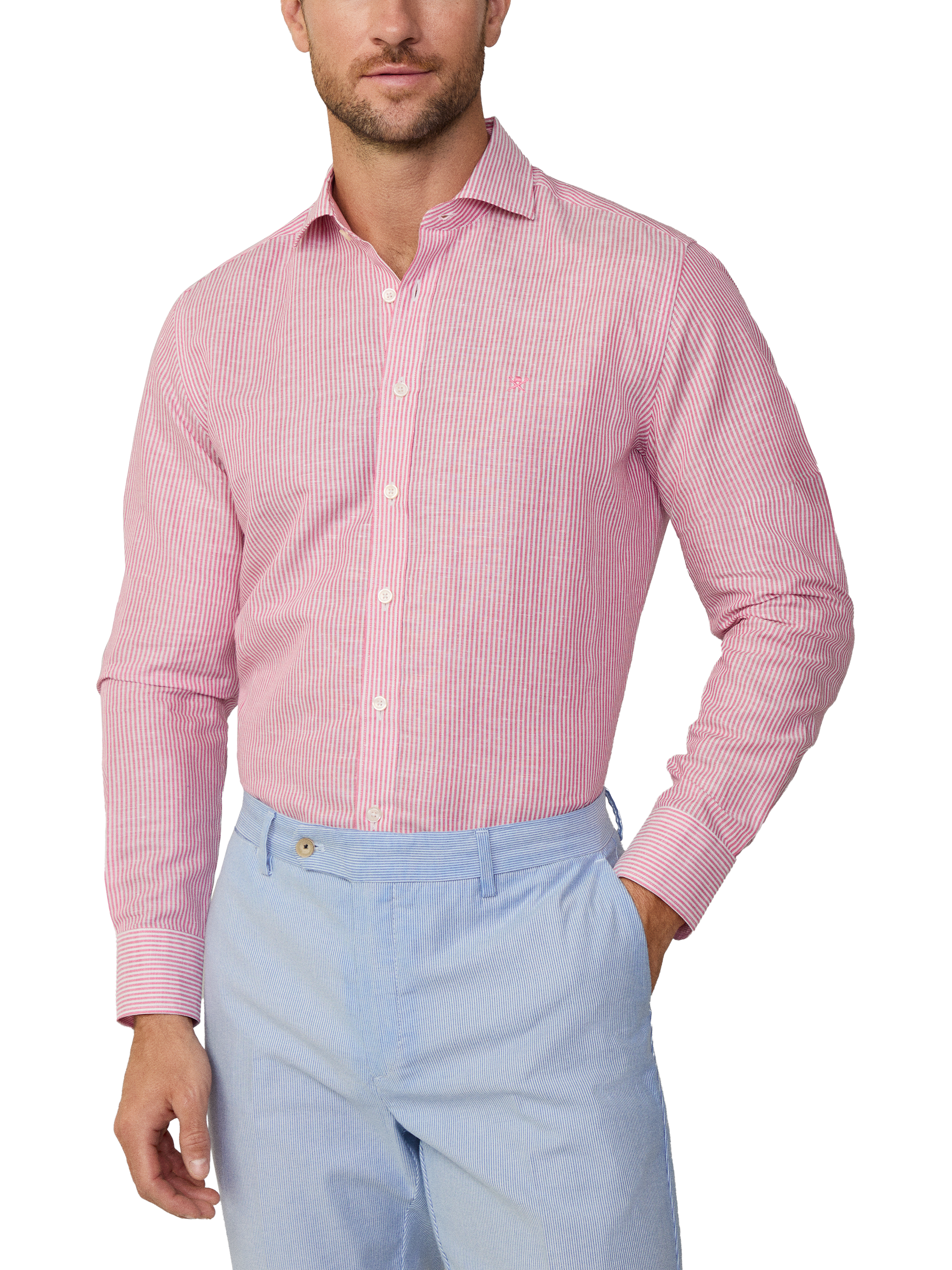 Product image 2 of 7, which shows Hackett London Linen Cotton Bengal Stripe Tailored Fit Shirt, Hibiscus Pink/White, XXL