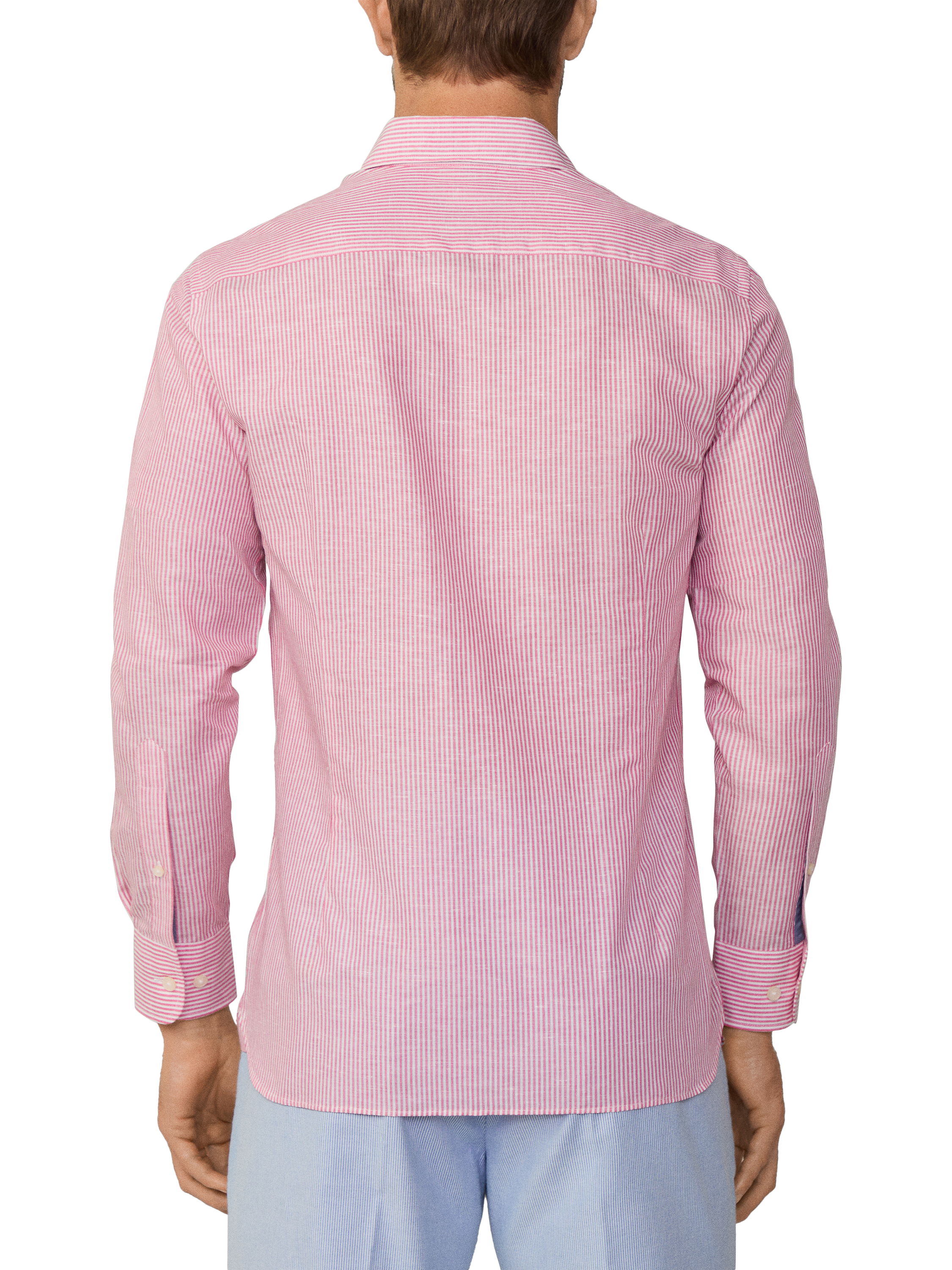 Product image 3 of 7, which shows Hackett London Linen Cotton Bengal Stripe Tailored Fit Shirt, Hibiscus Pink/White, XXL