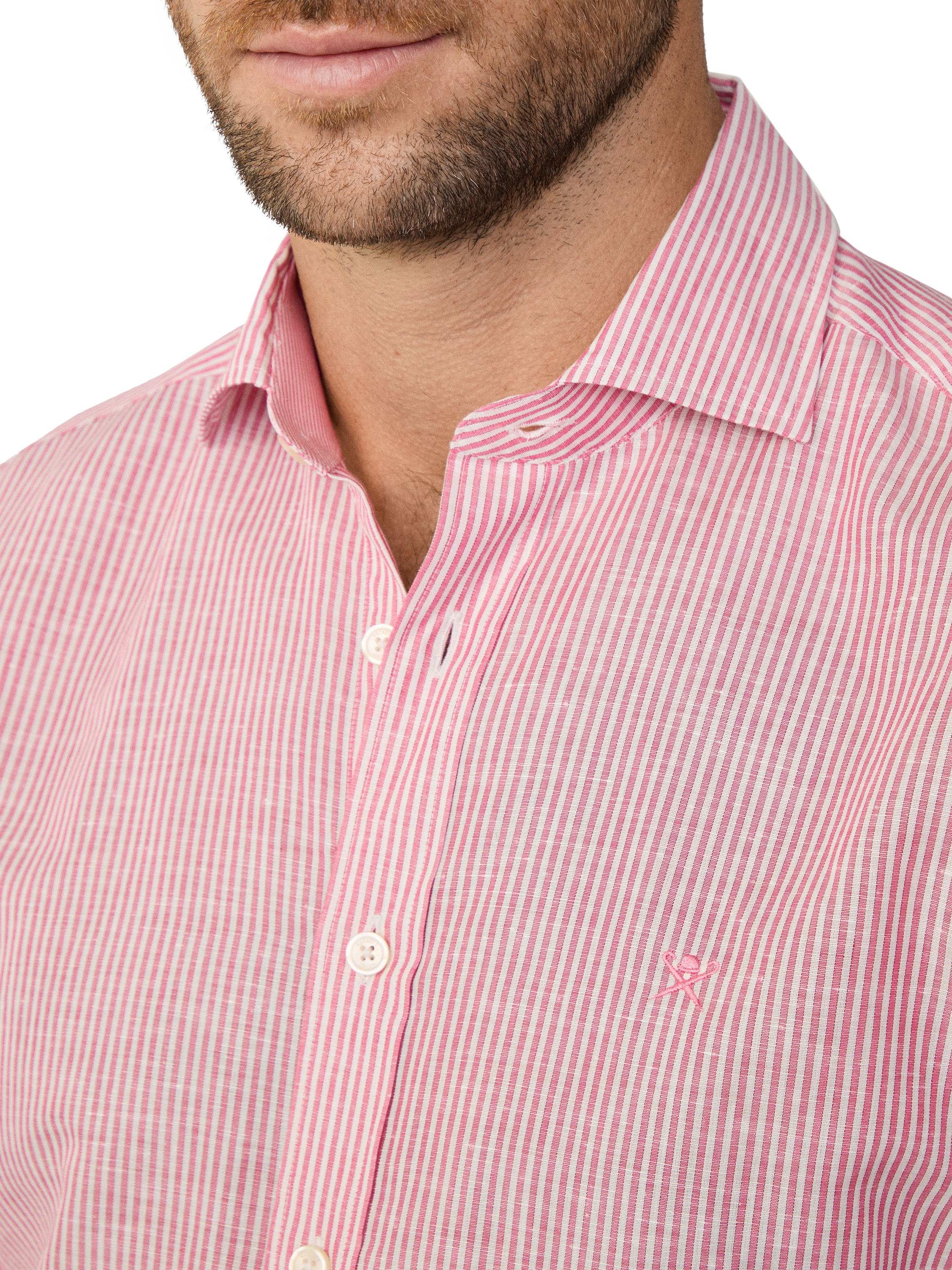 Product image 4 of 7, which shows Hackett London Linen Cotton Bengal Stripe Tailored Fit Shirt, Hibiscus Pink/White, XXL