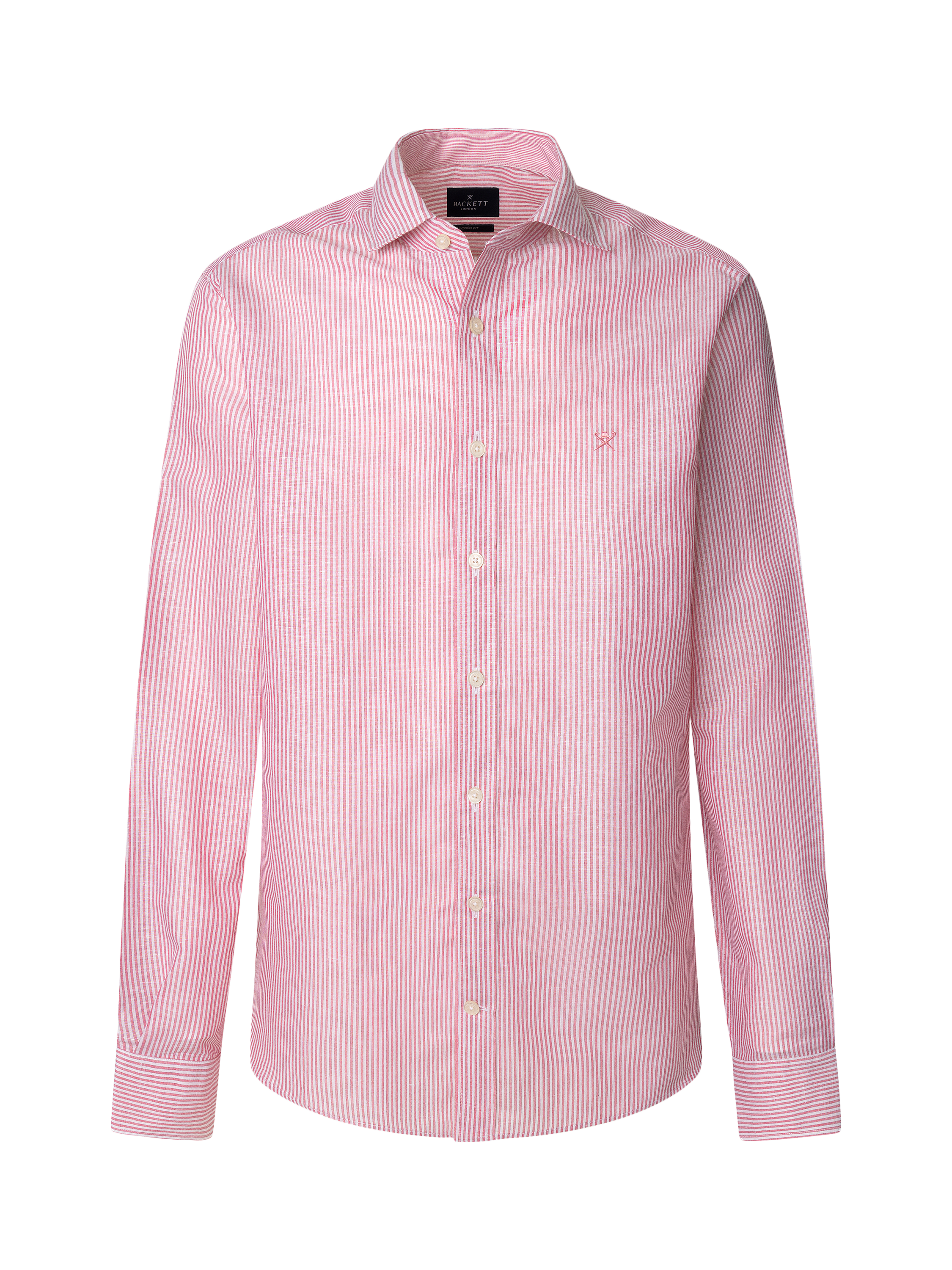 Product image 6 of 7, which shows Hackett London Linen Cotton Bengal Stripe Tailored Fit Shirt, Hibiscus Pink/White, XXL