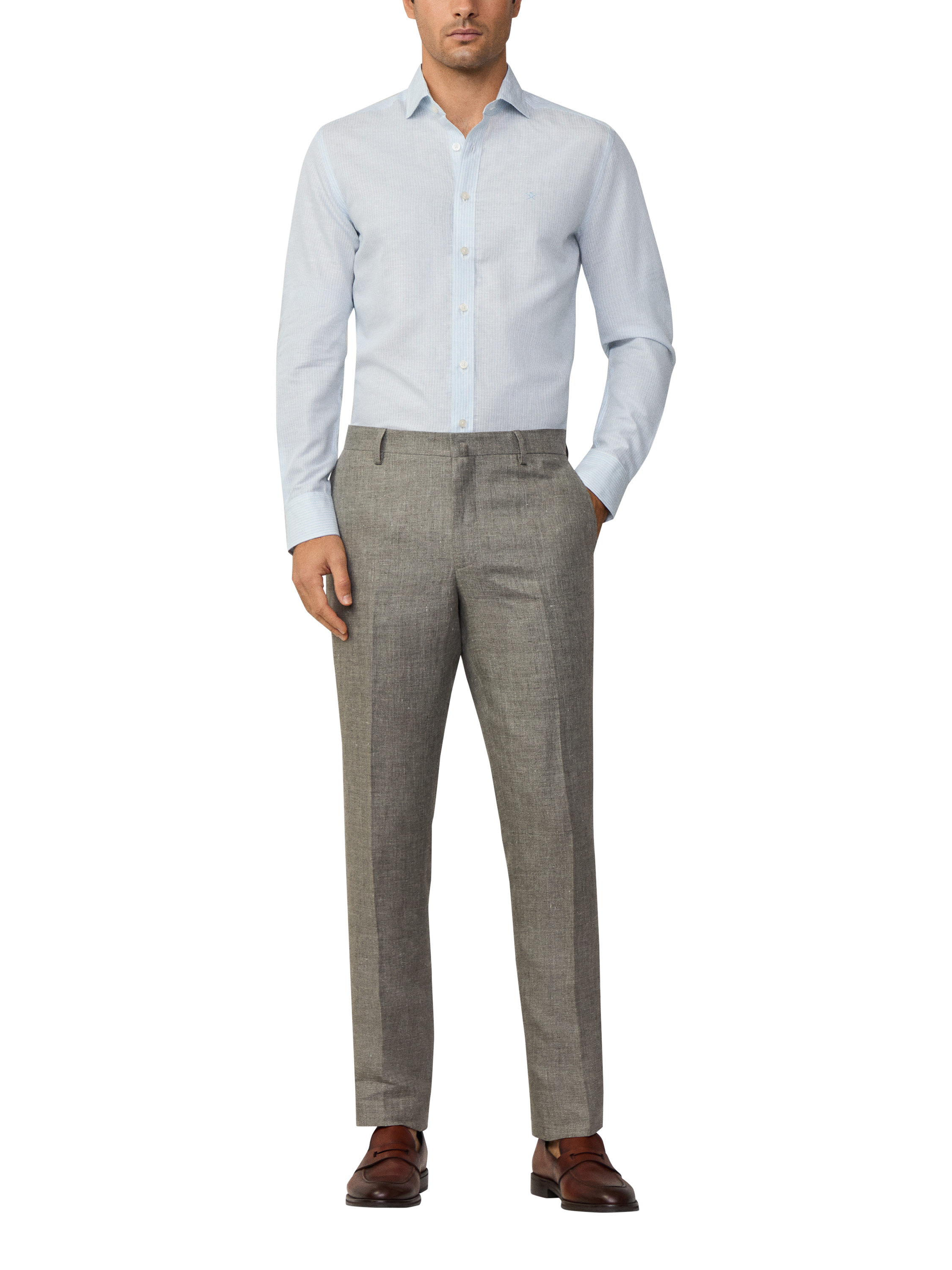Product image 1 of 7, which shows Hackett London Linen Cotton Bengal Stripe Tailored Fit Shirt, Sky Blue/White, XS