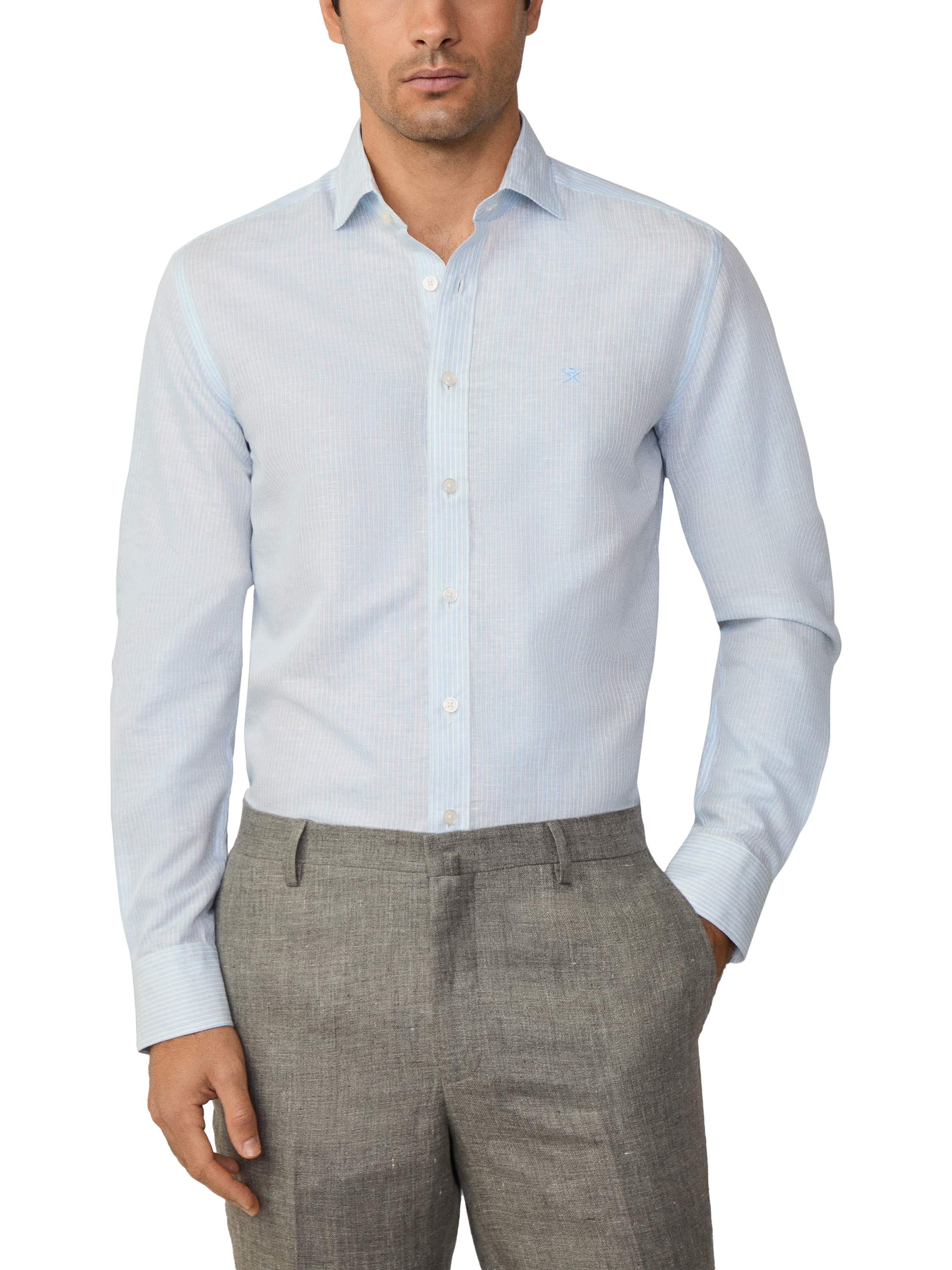 Product image 2 of 7, which shows Hackett London Linen Cotton Bengal Stripe Tailored Fit Shirt, Sky Blue/White, XS