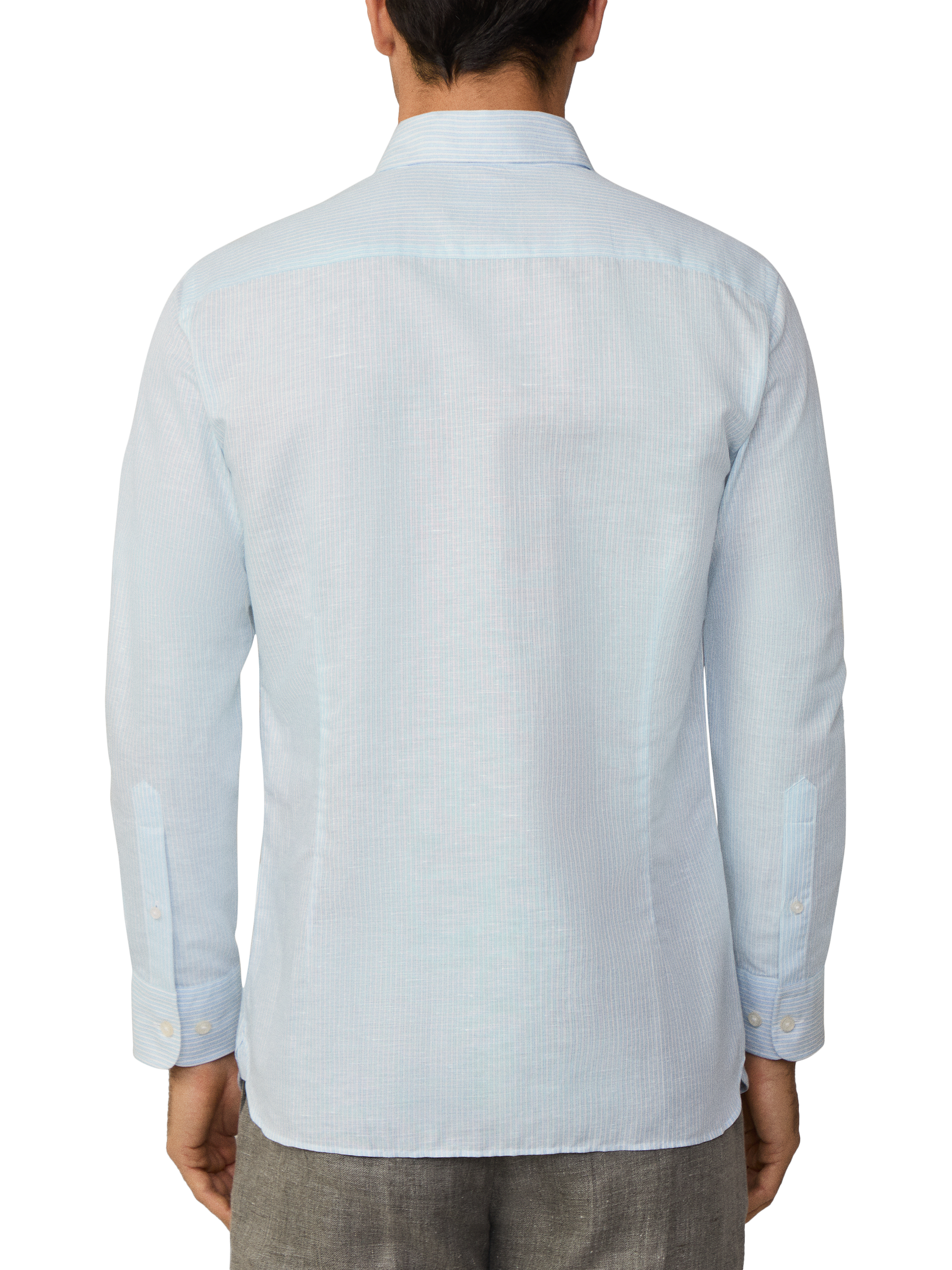 Product image 3 of 7, which shows Hackett London Linen Cotton Bengal Stripe Tailored Fit Shirt, Sky Blue/White, XS