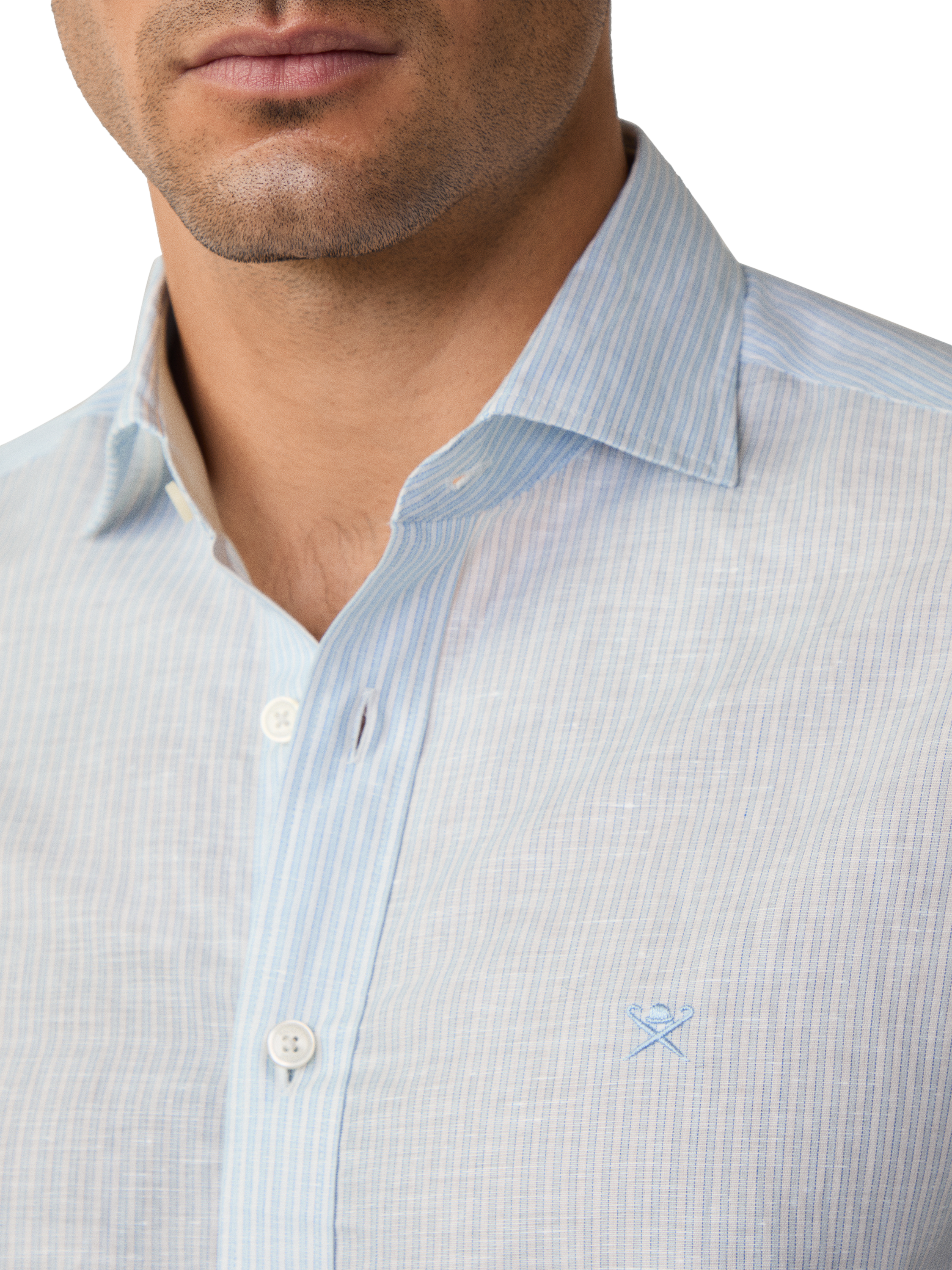 Product image 4 of 7, which shows Hackett London Linen Cotton Bengal Stripe Tailored Fit Shirt, Sky Blue/White, XS