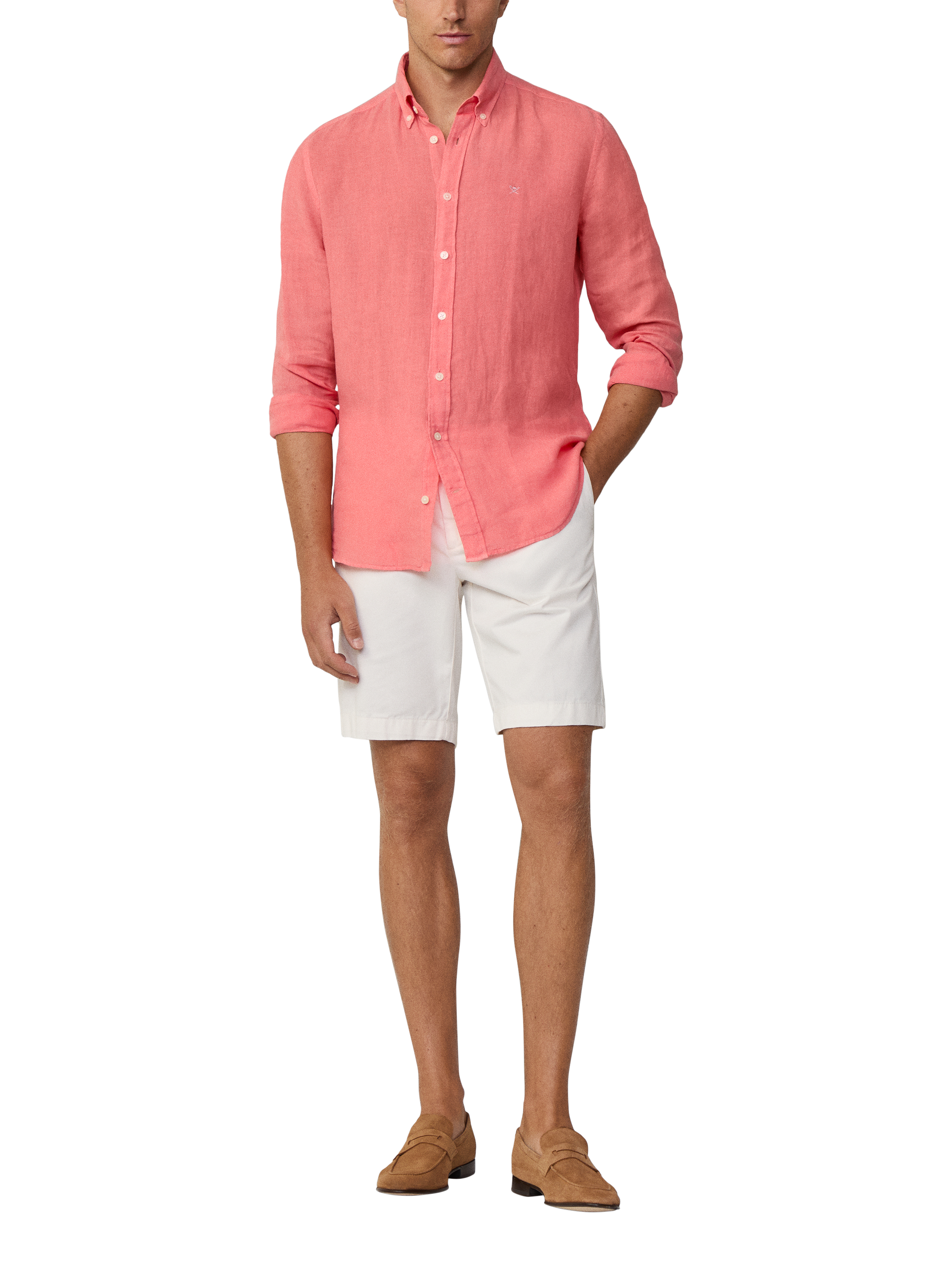 Product image 1 of 7, which shows Hackett London Linen Tailored Fit Contrast Logo Shirt, Coral Pink, XXXL