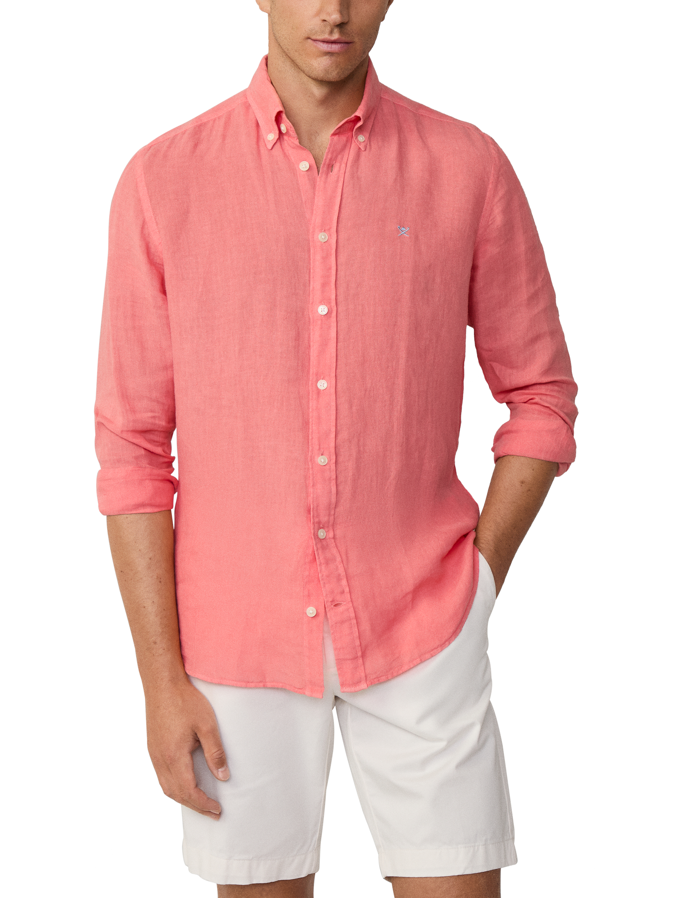 Product image 2 of 7, which shows Hackett London Linen Tailored Fit Contrast Logo Shirt, Coral Pink, XXXL