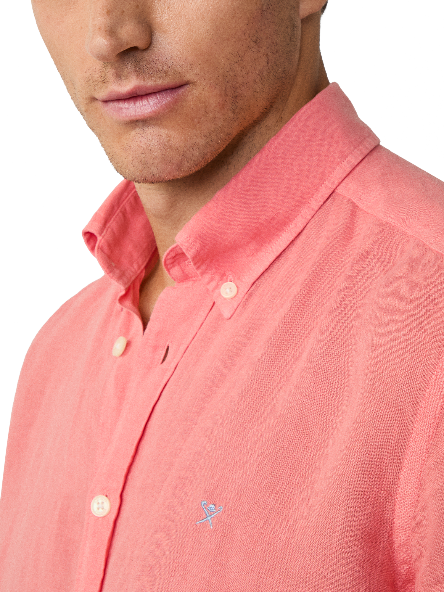 Product image 4 of 7, which shows Hackett London Linen Tailored Fit Contrast Logo Shirt, Coral Pink, XXXL