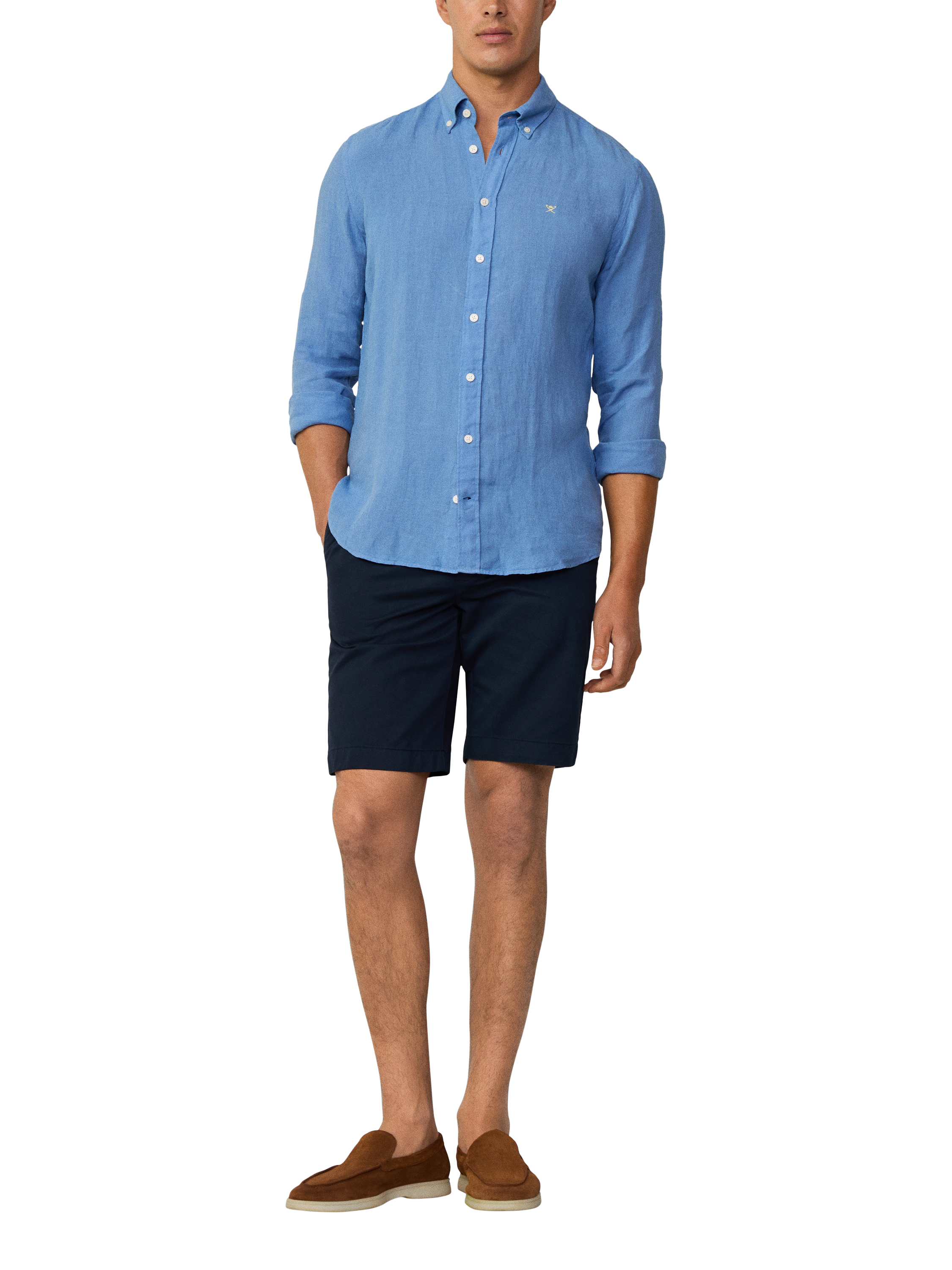 Product image 1 of 7, which shows Hackett London Linen Tailored Fit Contrast Logo Shirt, Sea Blue, XS