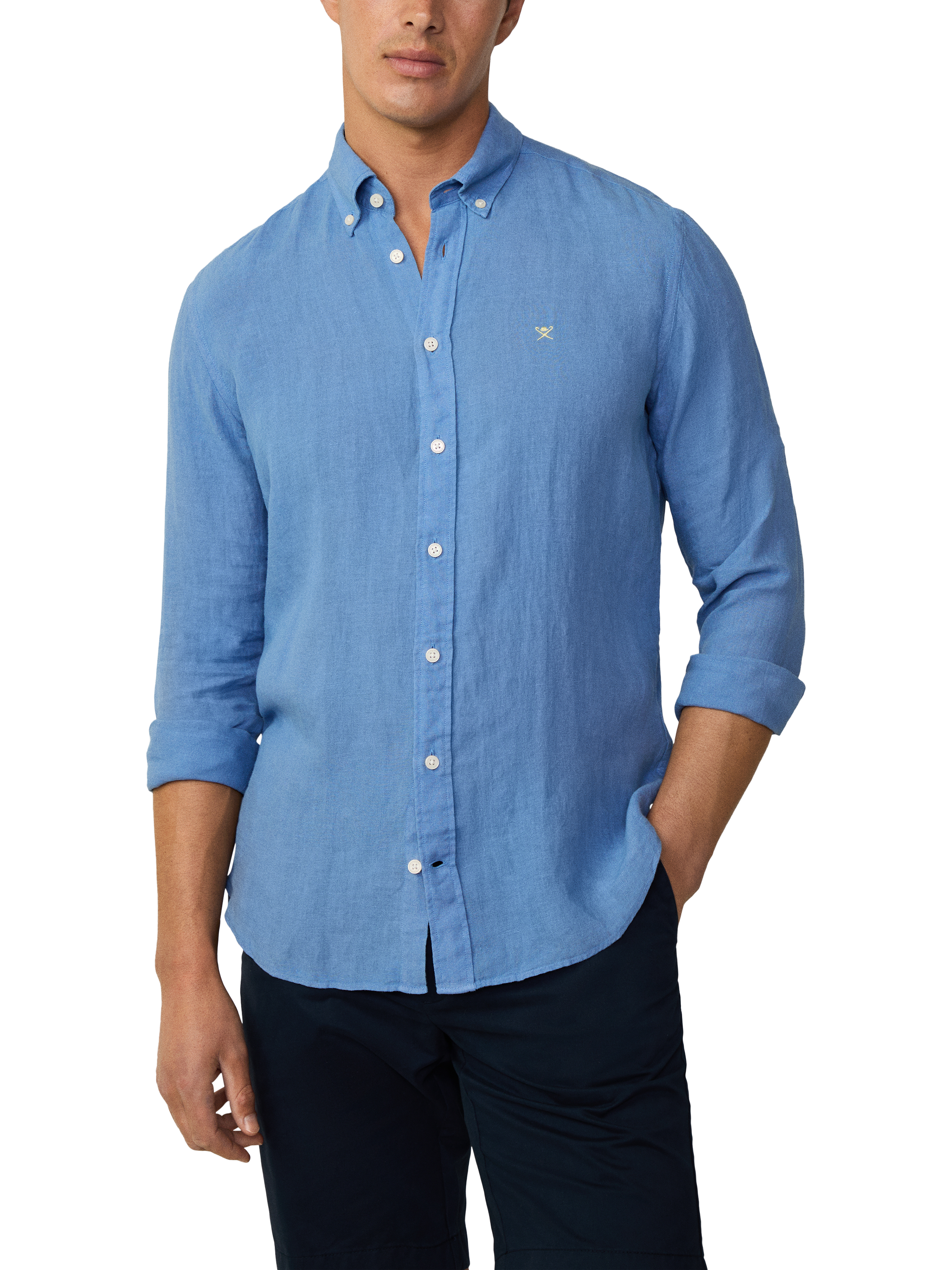 Product image 2 of 7, which shows Hackett London Linen Tailored Fit Contrast Logo Shirt, Sea Blue, XS